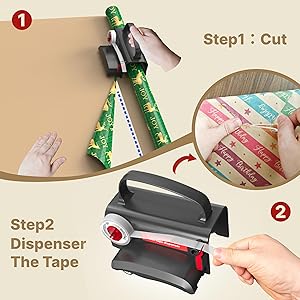 Wraprocut (2-Pack) Wheel Wrapping Paper Cutter & Tape Dispenser with 4 Tapes2 Replace Blades Kit for Christmas Gift Wrap Cutter Tool Paper Roll Holder Tube Sliding Slicing for Birthday Holiday.