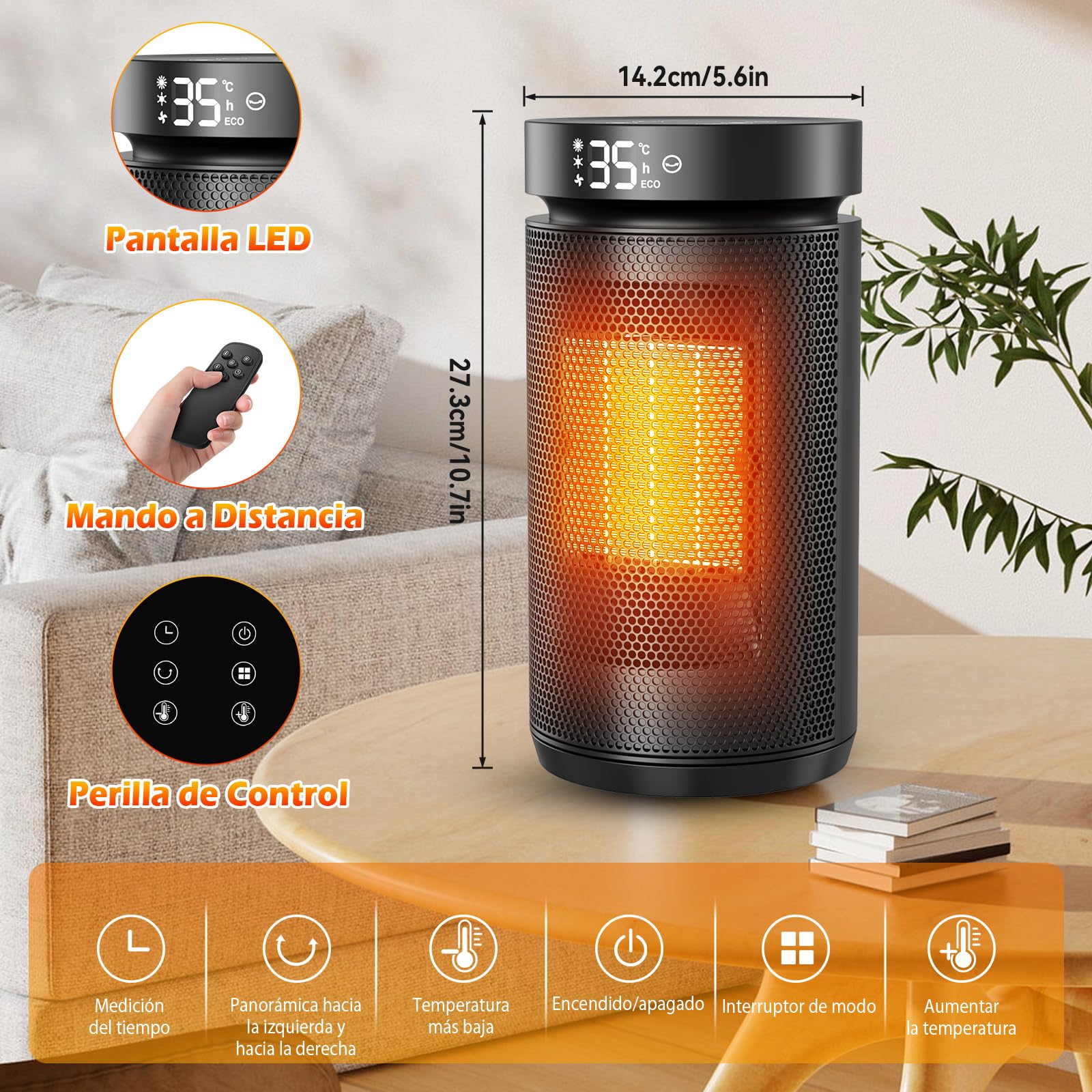 Calefactor Bajo Consumo con Control Remoto, 1500 W Silencioso Calefactor Cerámico PTC, Temporizador 12H, Rotación de 70°, Múltiples Funciones de Protección, Ideal para Salones, Dormitorios y Baños