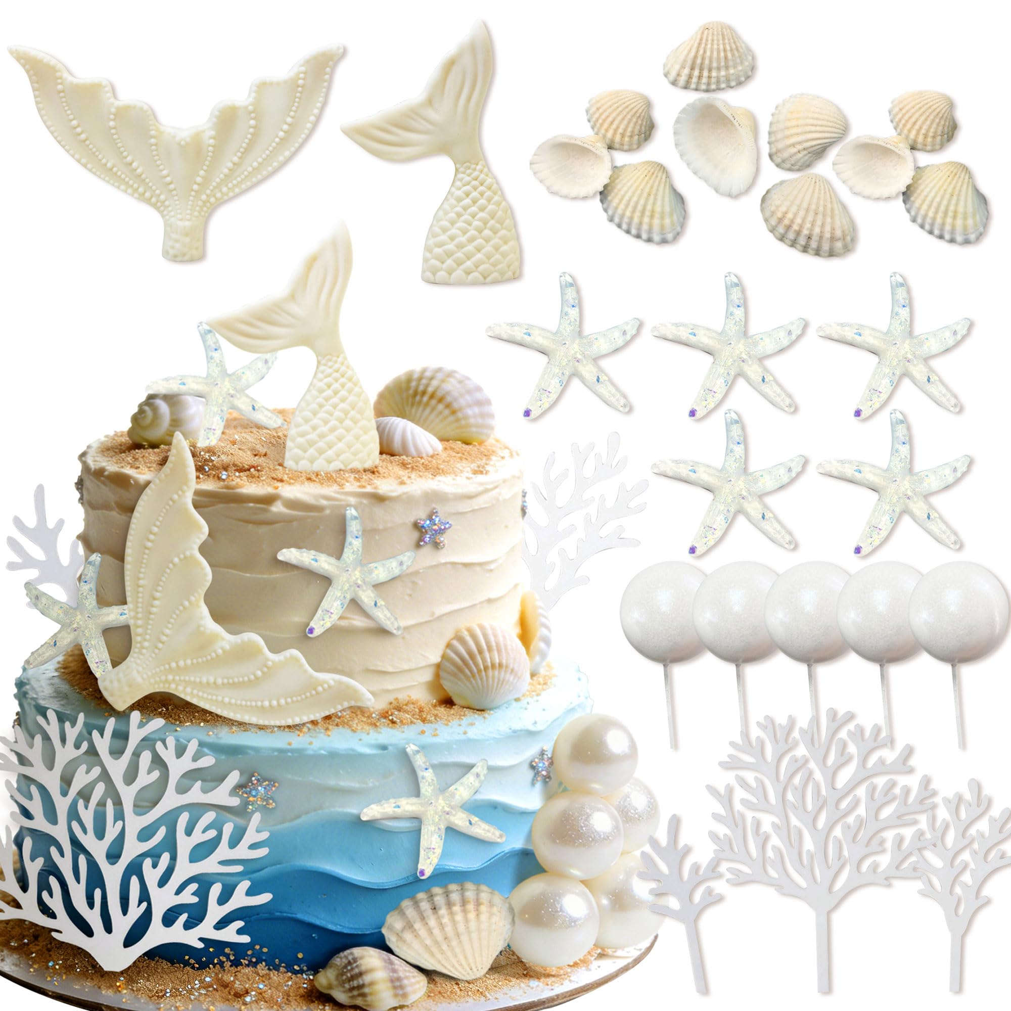 25PCS Shells Starfish Cake Decor Under the Sea Ocean Cake Decorations Summer Seashell Cake Topper for Sea Ocean Beach Mermaid Theme Baby Shower Wedding Decor Birthday Party Favor Supplies