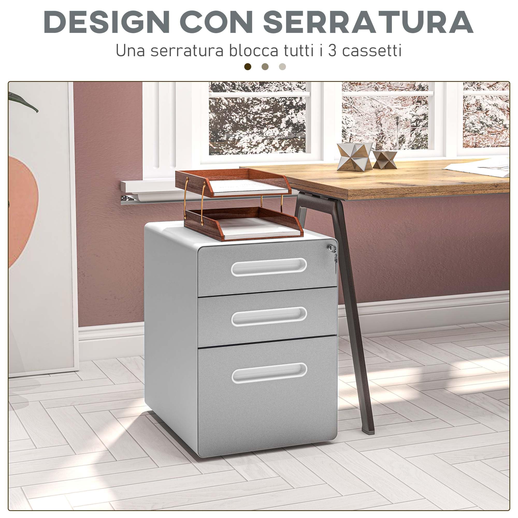 Vinsetto Cassettiera da Ufficio 3 Cassetti con Serratura, Grigio Chiaro | Ruote, Mobile per Ufficio, Portadocumenti Formato A4 Legale e Lettera