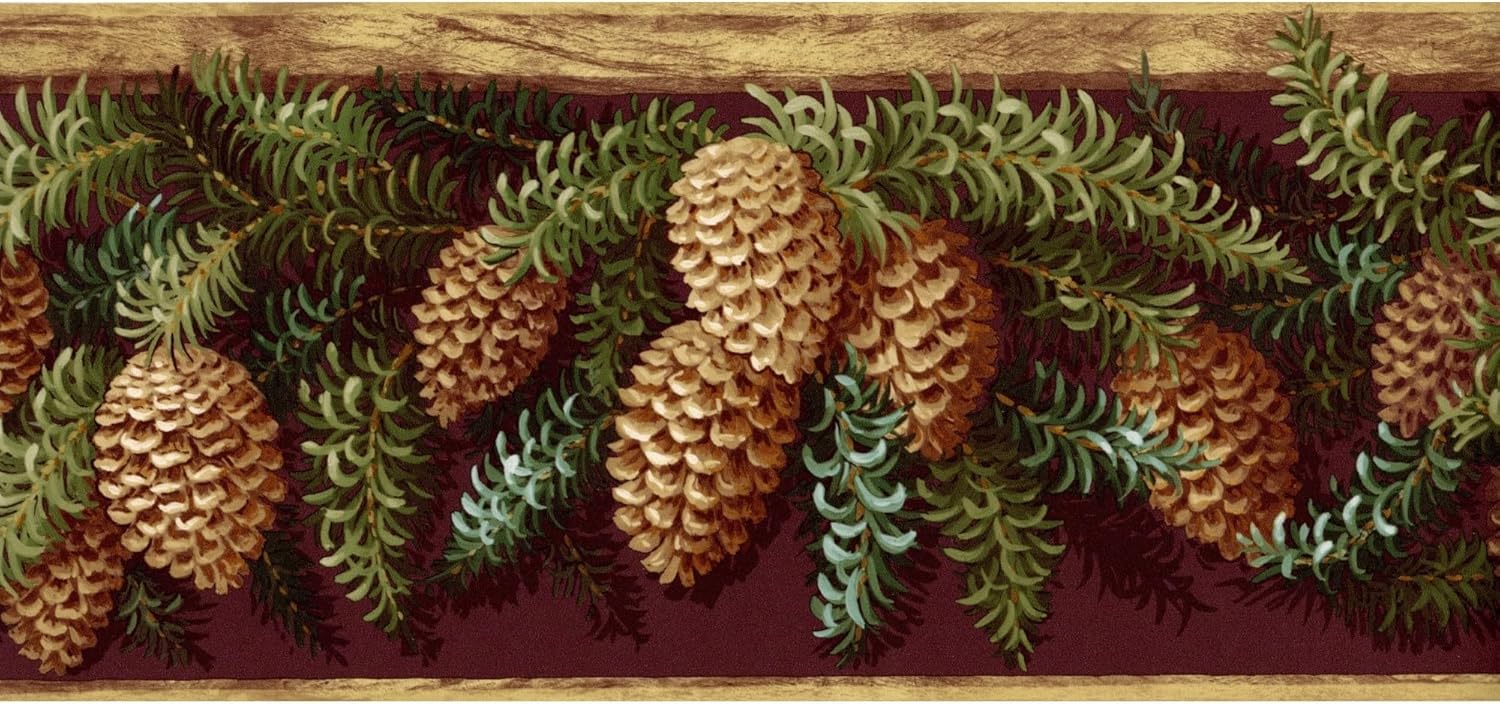 TRIMZ Wallpaper Border - Rustic Pine Cones & Evergreen Branch Pattern, Woodland Lodge Cabin Nature Décor for Bathroom,Kitchen & Bedroom, Pre-Pasted, 15 ft x 8 in