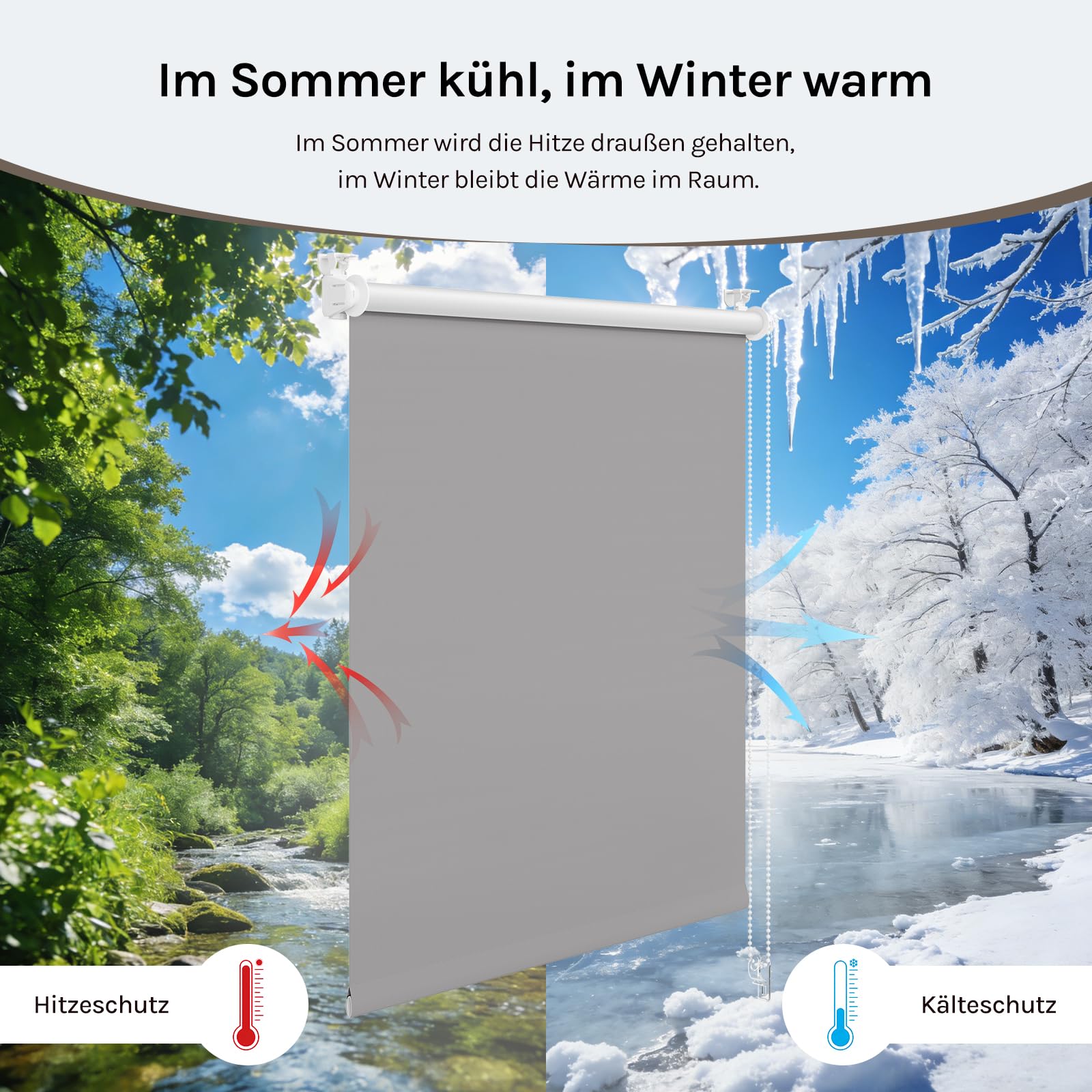 WOLTU Verdunkelungsrollo ohne Bohren, Thermo Verdunkelungsrollo mit Kette, Sichtschutz, für Türen und Fenster, 85 x 120 cm, Grau