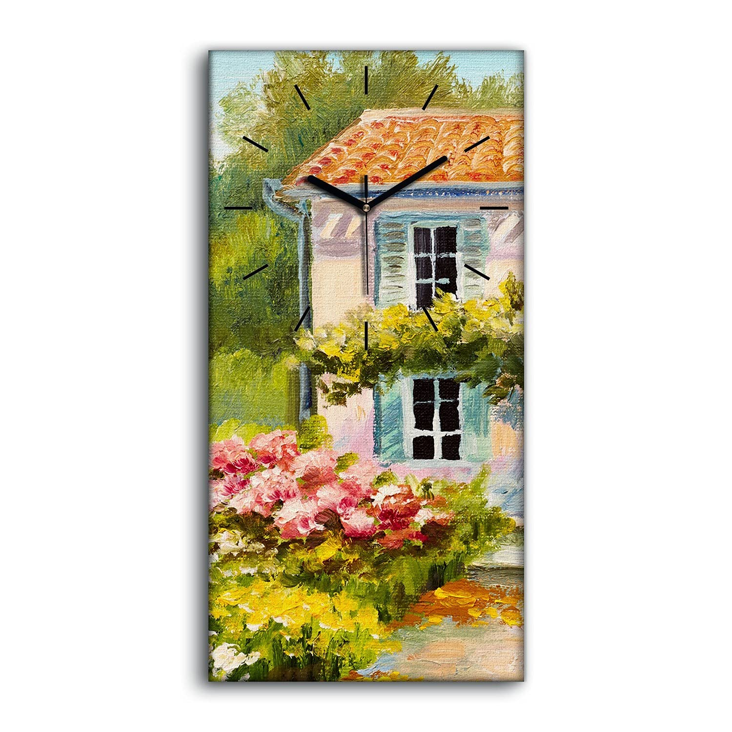 Horloge sur Toile 30x60cm Fleurs Colorées et Aiguilles Noires pour Décoration Salon