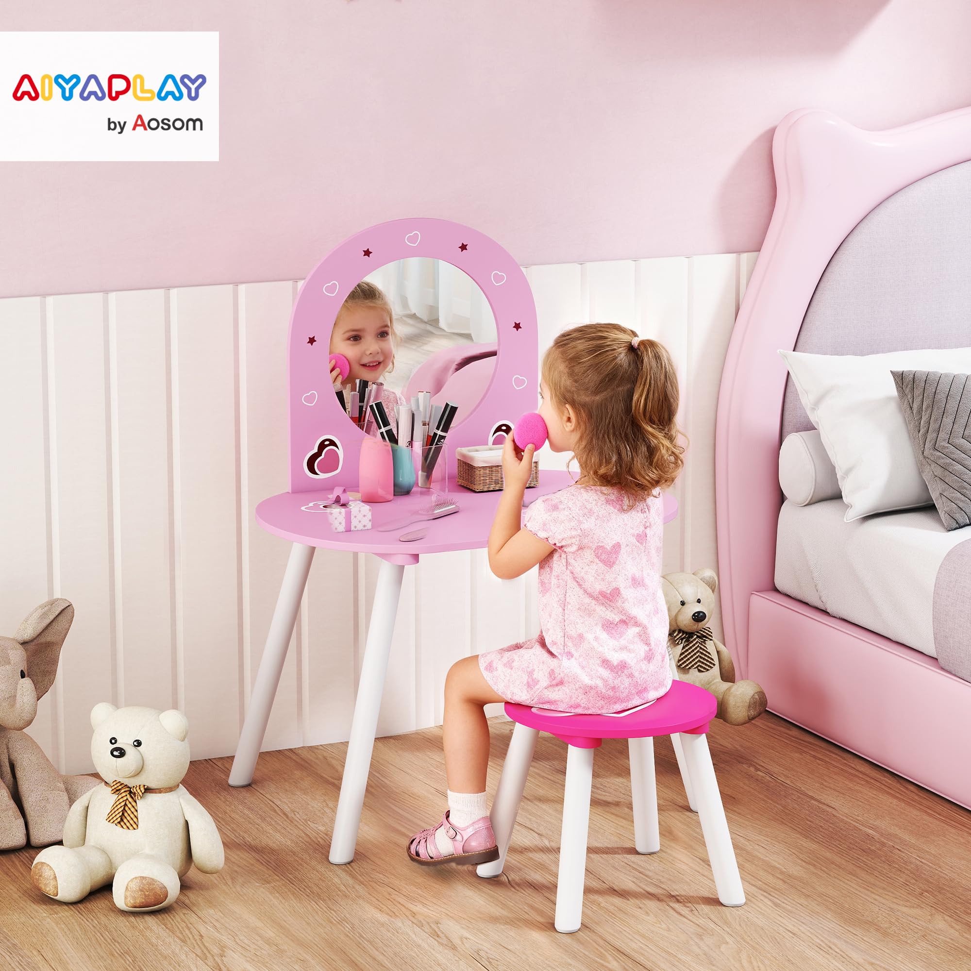 AIYAPLAY Tocador Infantil con Taburete y Espejo, Tocador para Niñas con Dibujos de Corazones, Mesa de Maquillaje para Niños y Niñas de 3-6 Años, Rosa