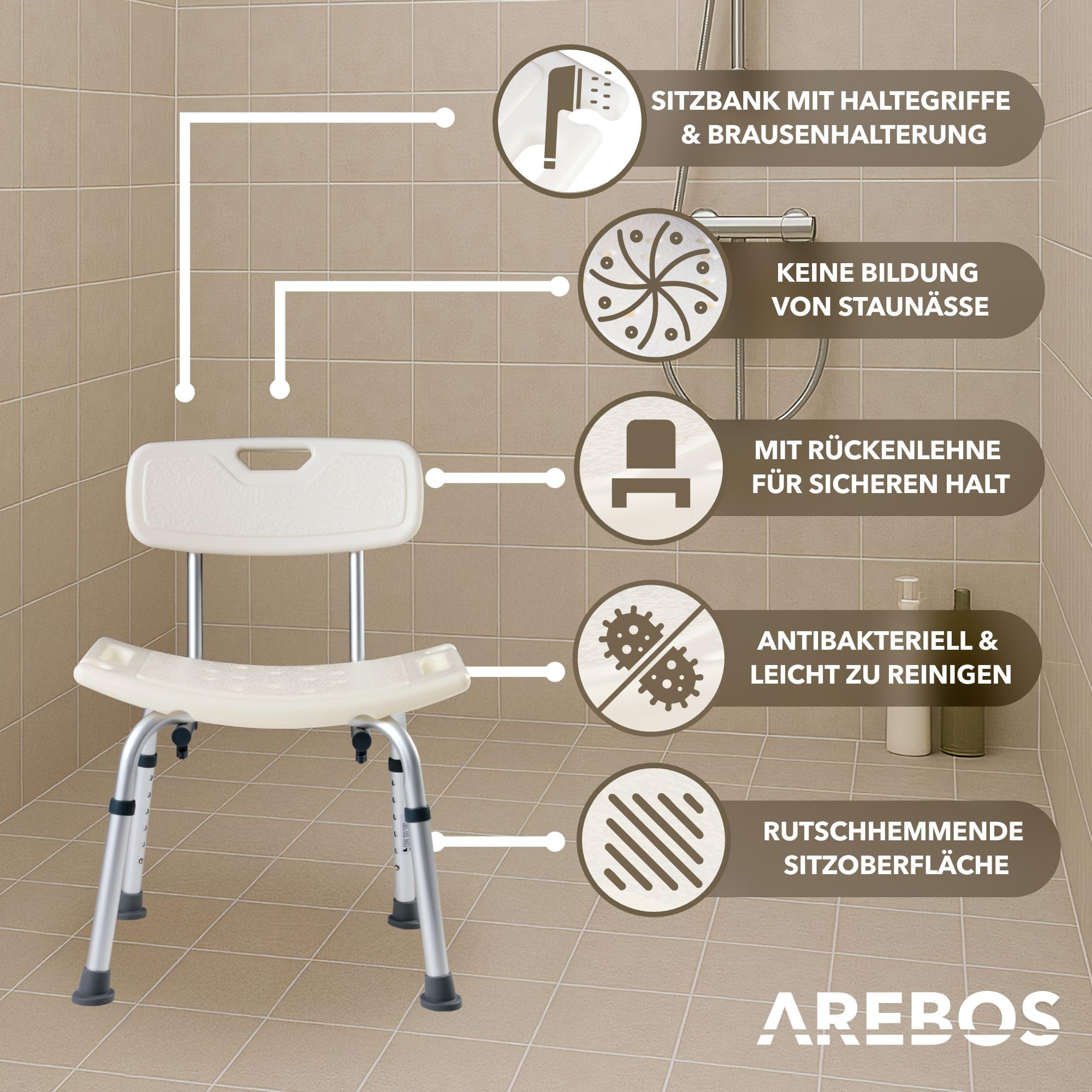 Arebos Duschhocker mit Rückenlehne & Brausenhalterung | Höhenverstellbarer Badestuhl 40–54 cm | rutschfeste Gummifüße | Leicht & Stabil | Bis 100 kg belastbar | Ideal für Senioren & Pflege