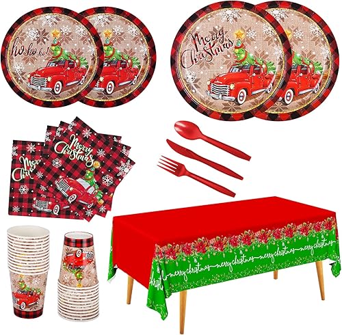 Suministros de fiesta de Navidad, platos de papel desechables, servilletas, vasos, cuchillos, cucharas, tenedores, mantel para decoraciones de