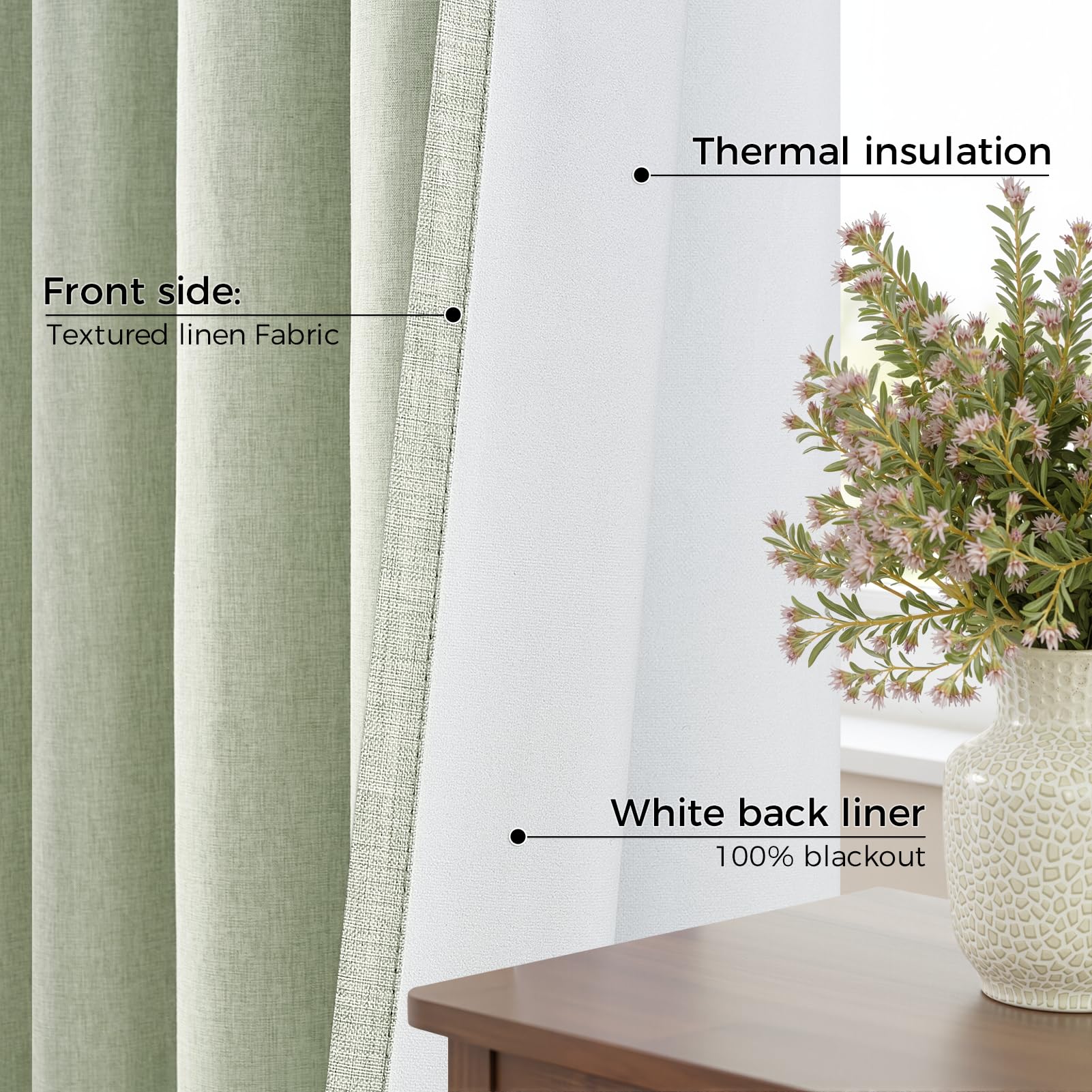 MRTREES Tende 100% Oscuranti Lino Corte per Interni Moderne Finestre Camera da Letto Soggiorno Salotto 2 Pezzi Tenda Oscurante Tende Termiche Isolanti con Occhielli, Verde Salvia, 140x160 CM