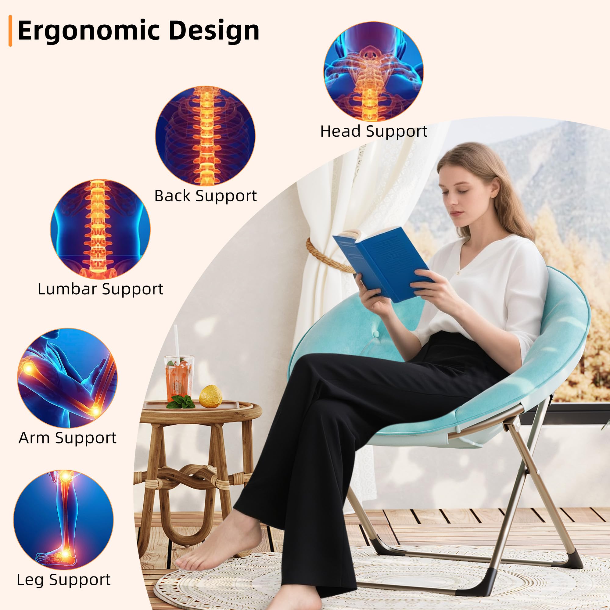 GarveeHome Silla Plegable Felpa Floral Sillón Luna - Metal 136 kg Azul | Felpa floral cómoda y estructura metal triangular. Para adultos y niños en dormitorio. Sin montaje necesario y resistente.
