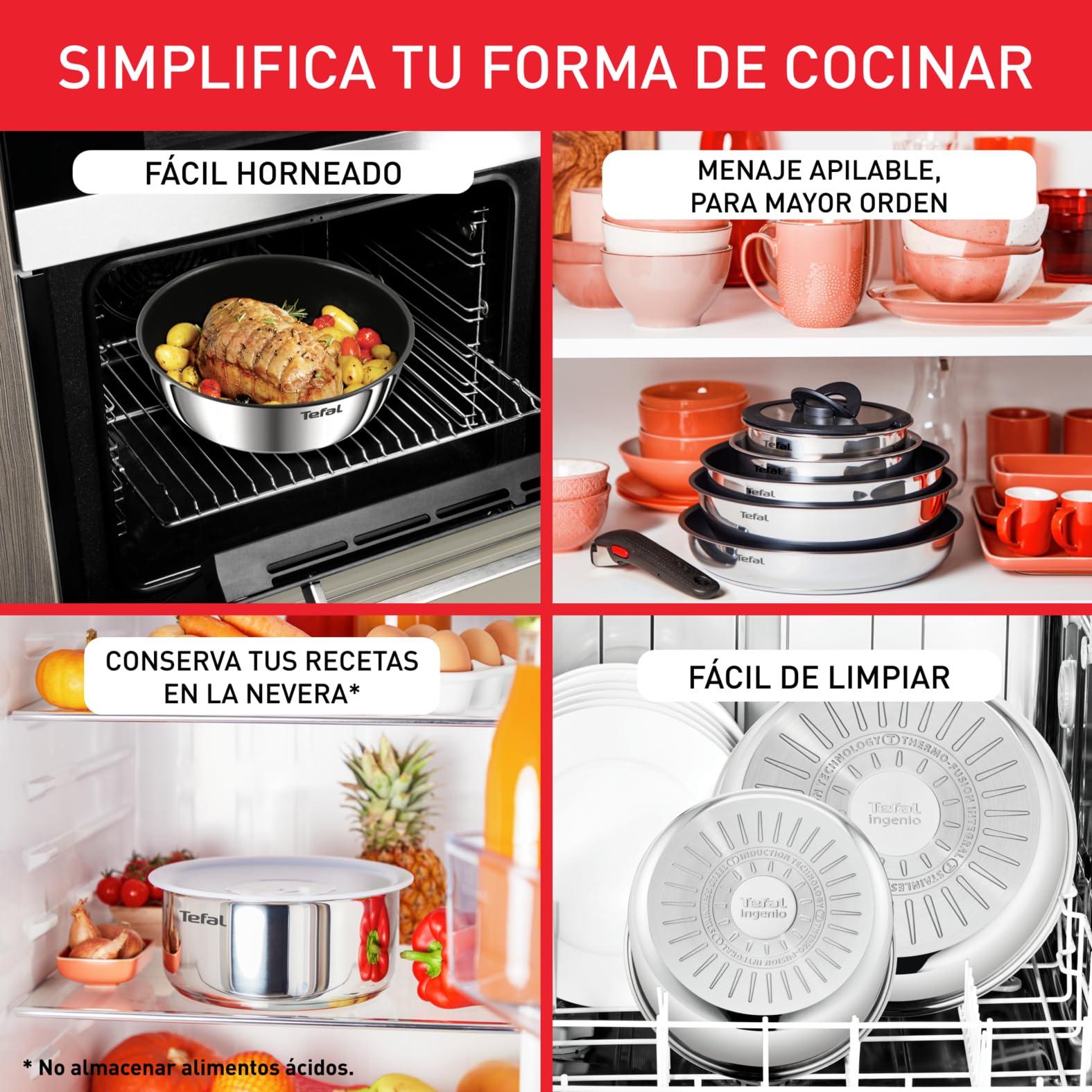 Tefal Ingenio Emotion, Juego de 3 sartenes 22/24/28 cm + mango extraíble, Apilables, Antiadherente, Thermo Signal, Aptas para inducción y horno