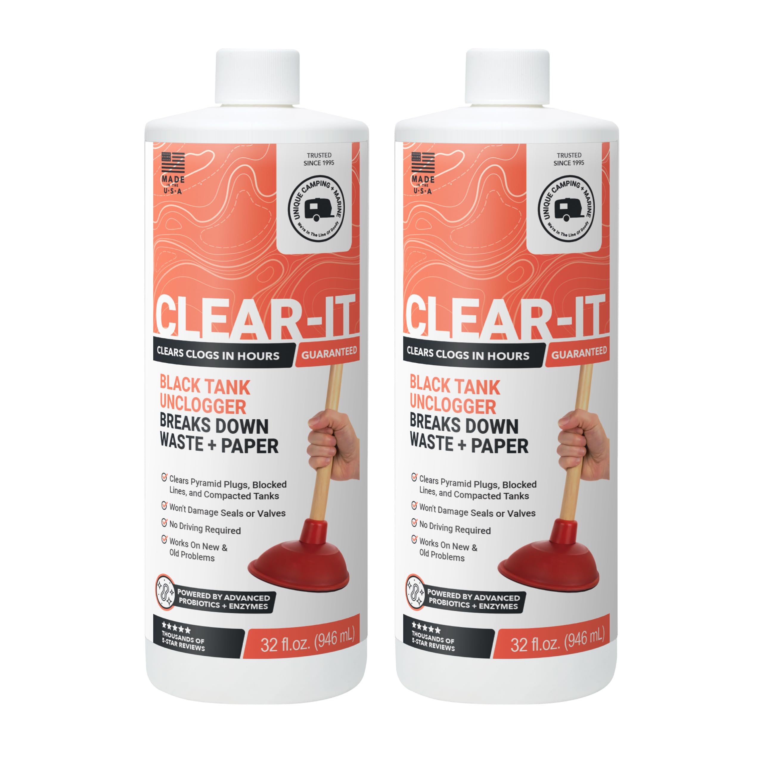 Unique Clear-It Liquid RV Black Tank Unclogger, 32 oz, 2-Pack