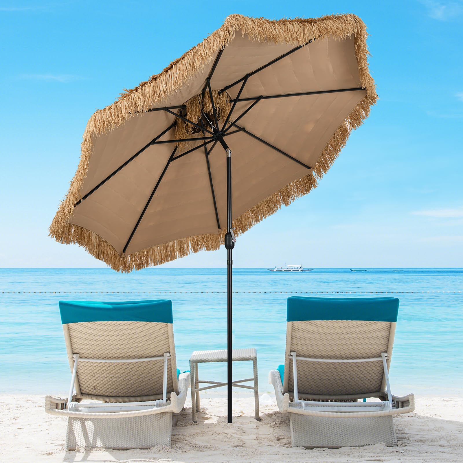 GYMAX Ombrellone Paglia PE 3x3 M, in a 12 Strati, Inclinazione 30° con Manovella Manuale, Tettoia Ventilata, 8 Costole, Stile Hawaiano, per Piscina, Patio, Spiaggia, Giardino