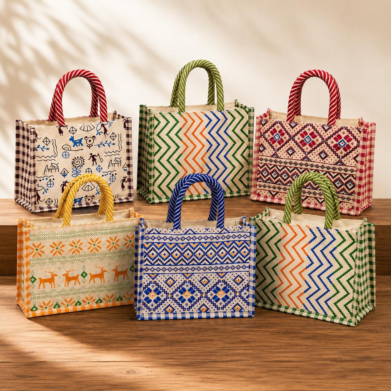Anbali- Pack of 10 Jute gift bags | Ecofriendly return gift bag | Gifting bags for wedding, Housewarming and babyshower | Thamboolam bags for women (Gusset Printed Canvas Bags)