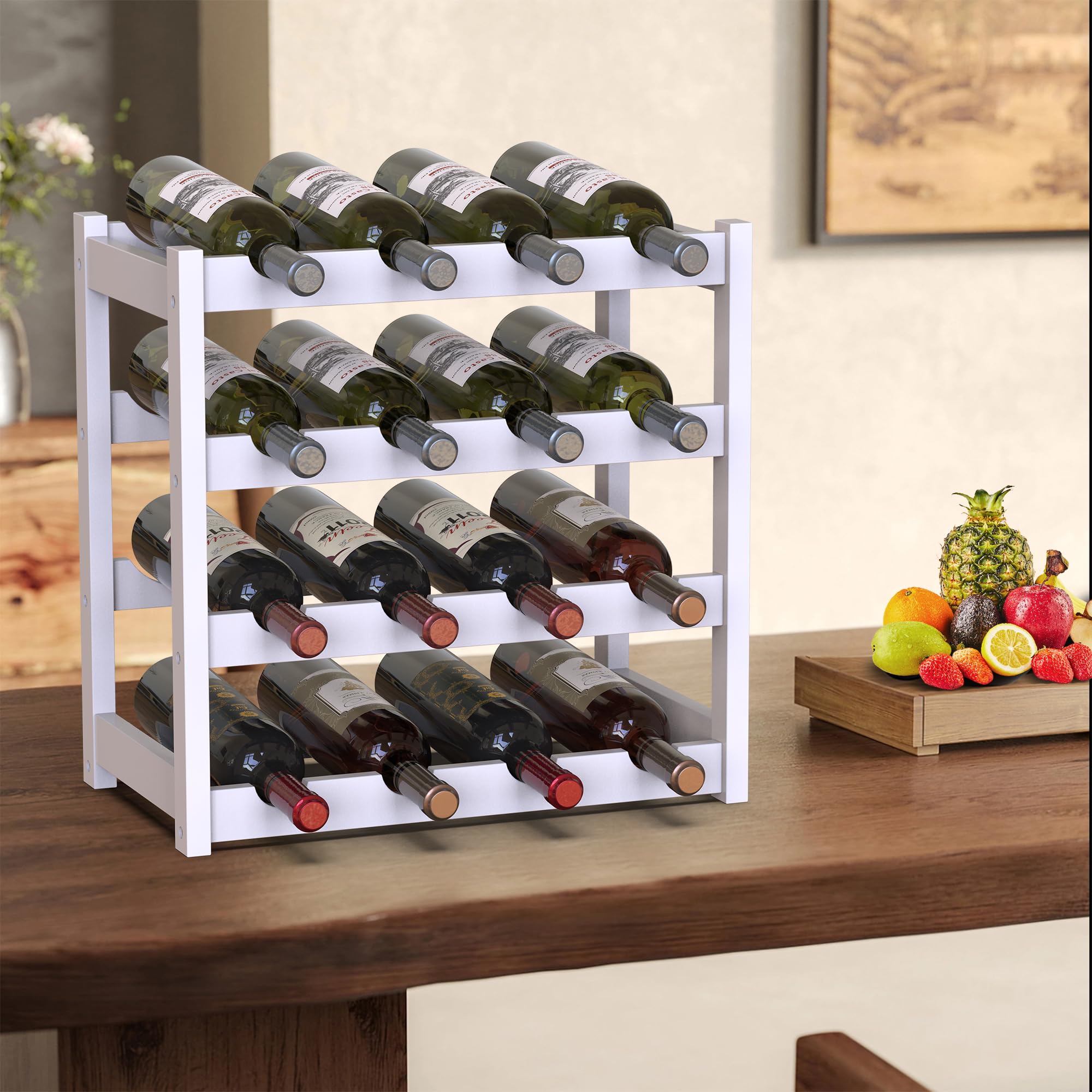 BAKAJI Drewniany bambusowy stojak na wino z 16 przegródkami na wino szampana, stojak na wino podłogowe, piwnica narożna, bar, salon, kuchnia, bistro, restauracja, 43,5 x 25 x 43 cm (biały)
