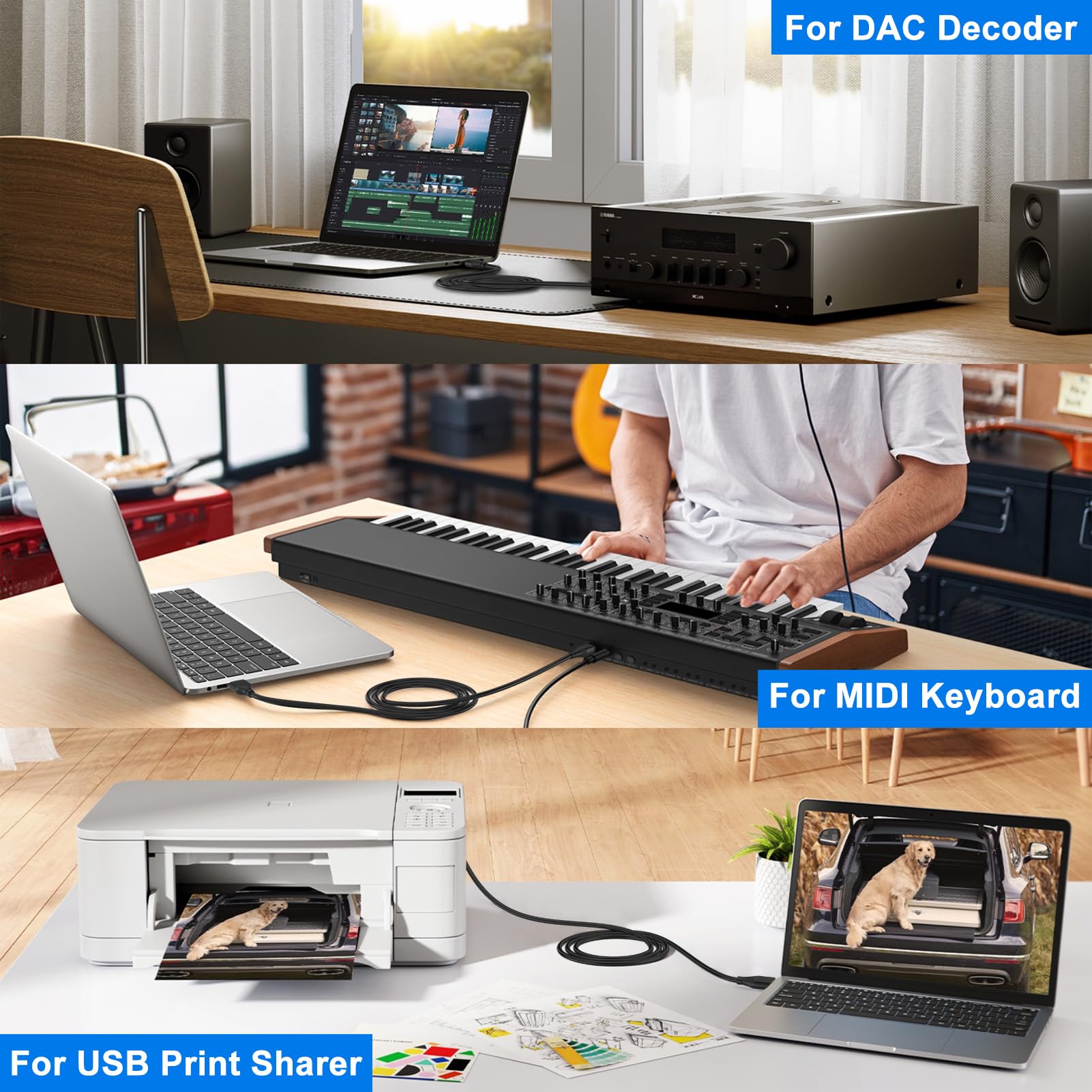 Druckerkabel, USB-A auf USB-B-Kabel, Hochgeschwindigkeits-Scanner-Druckerkabel für HP, Canon, Dell, Epson, Brother, Lexmark, Xerox, Samsung, Piano DAC und mehr, 3 m, Schwarz