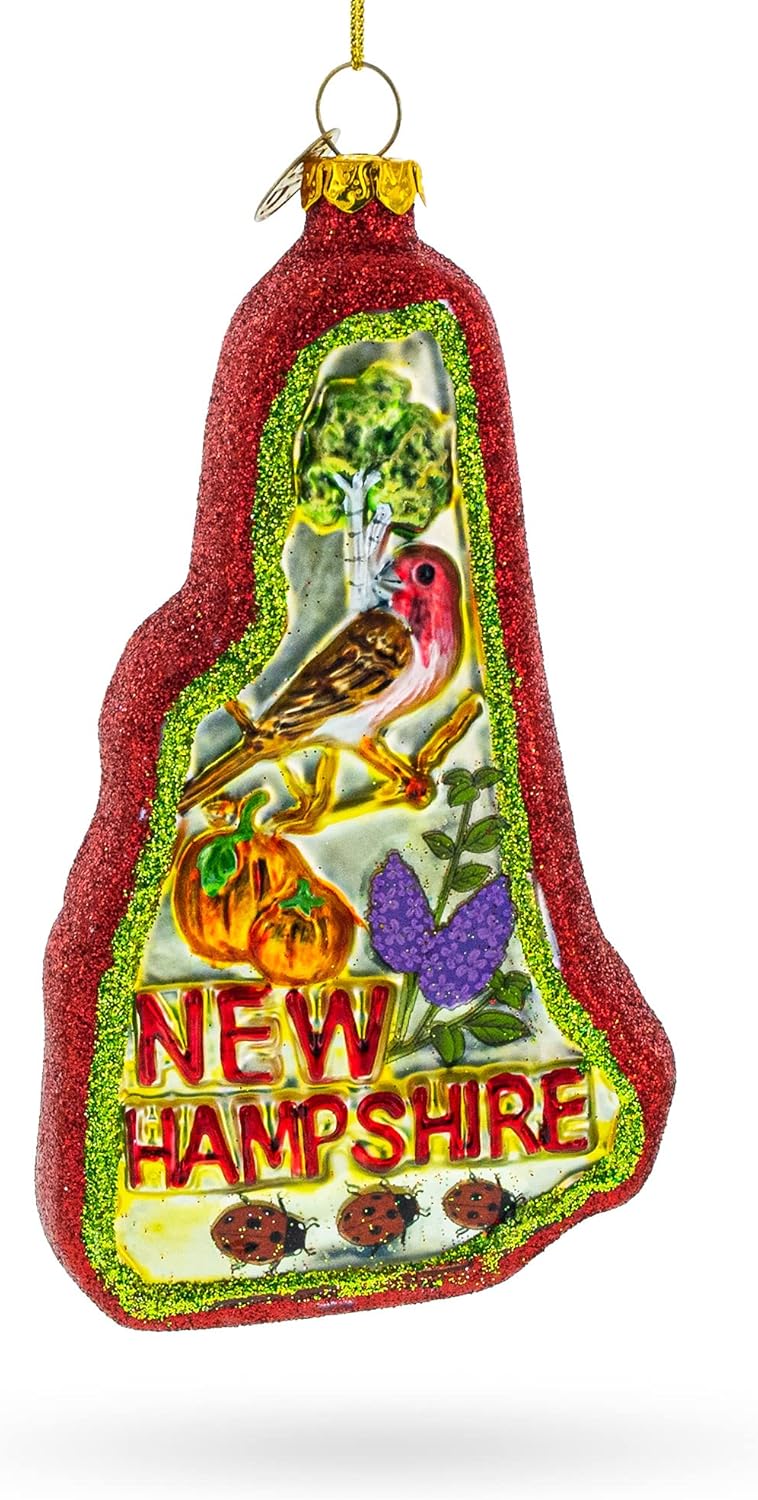 State of New Hampshire Symbols, USA Glass Christmas Ornament