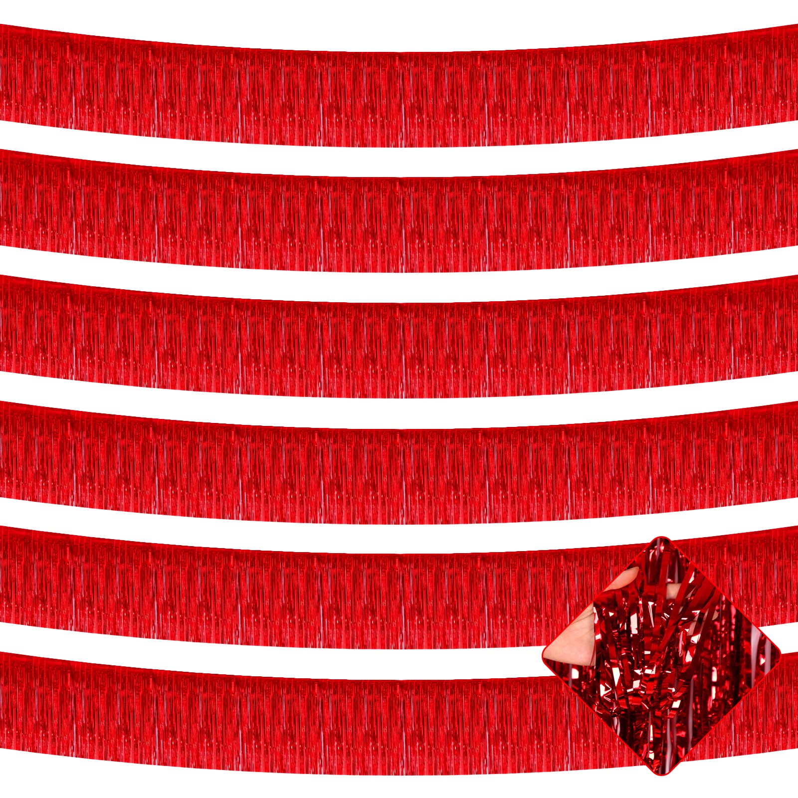 6 Pack 10 Feet Foil Fringe Garland Metallic Tinsel Streamers Banner Wall Hanging Curtain Backdrop for Parade Floats, Bachelorette, Wedding, Birthday, Halloween, Christmas Party Decorations(Red)