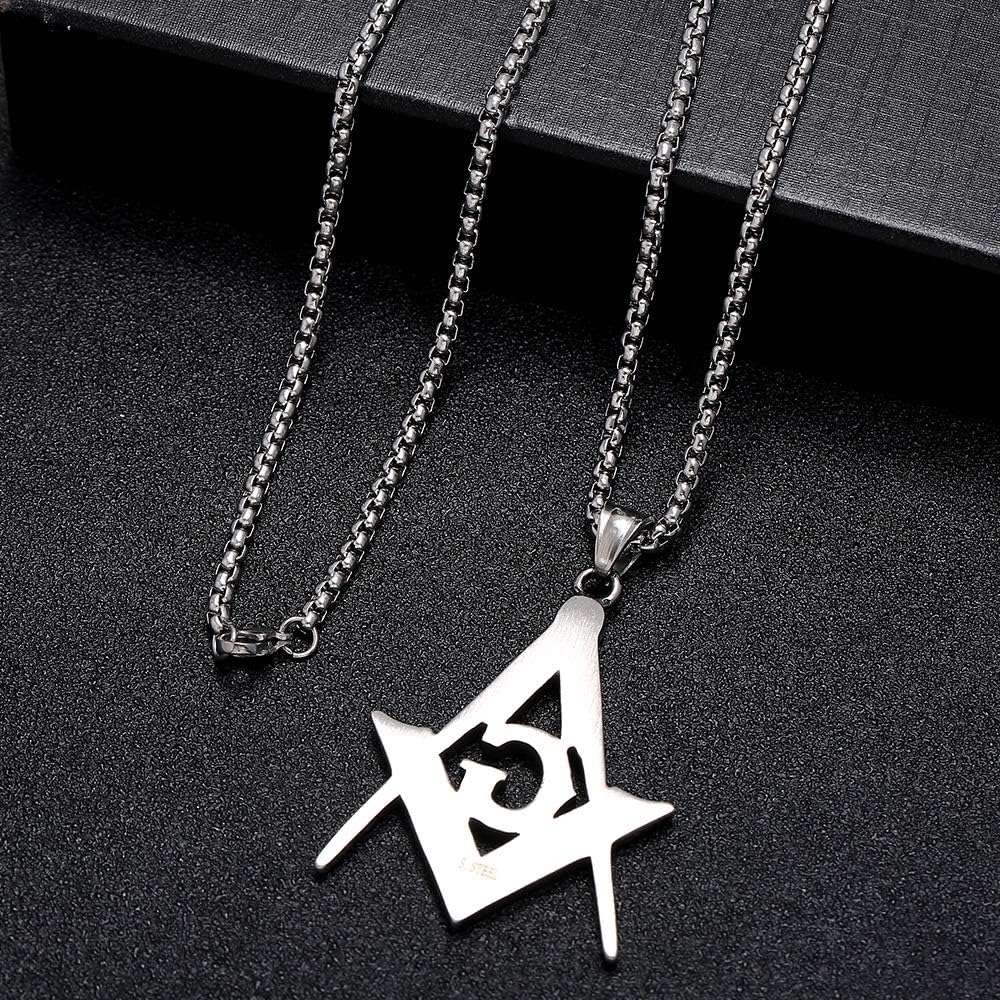 Mens Freemason Compass Masonic Pendant Necklace Silver Tone Stainless Steel with 24inch Link Chain - Image 9