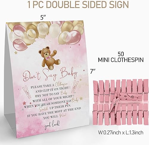 Miniatura 3 de Letrero con texto en inglés Don't Say Baby Clothespin (1 cartel + 50 pinzas para la ropa), con texto en inglés It's a Boy con globos de oso de rosas