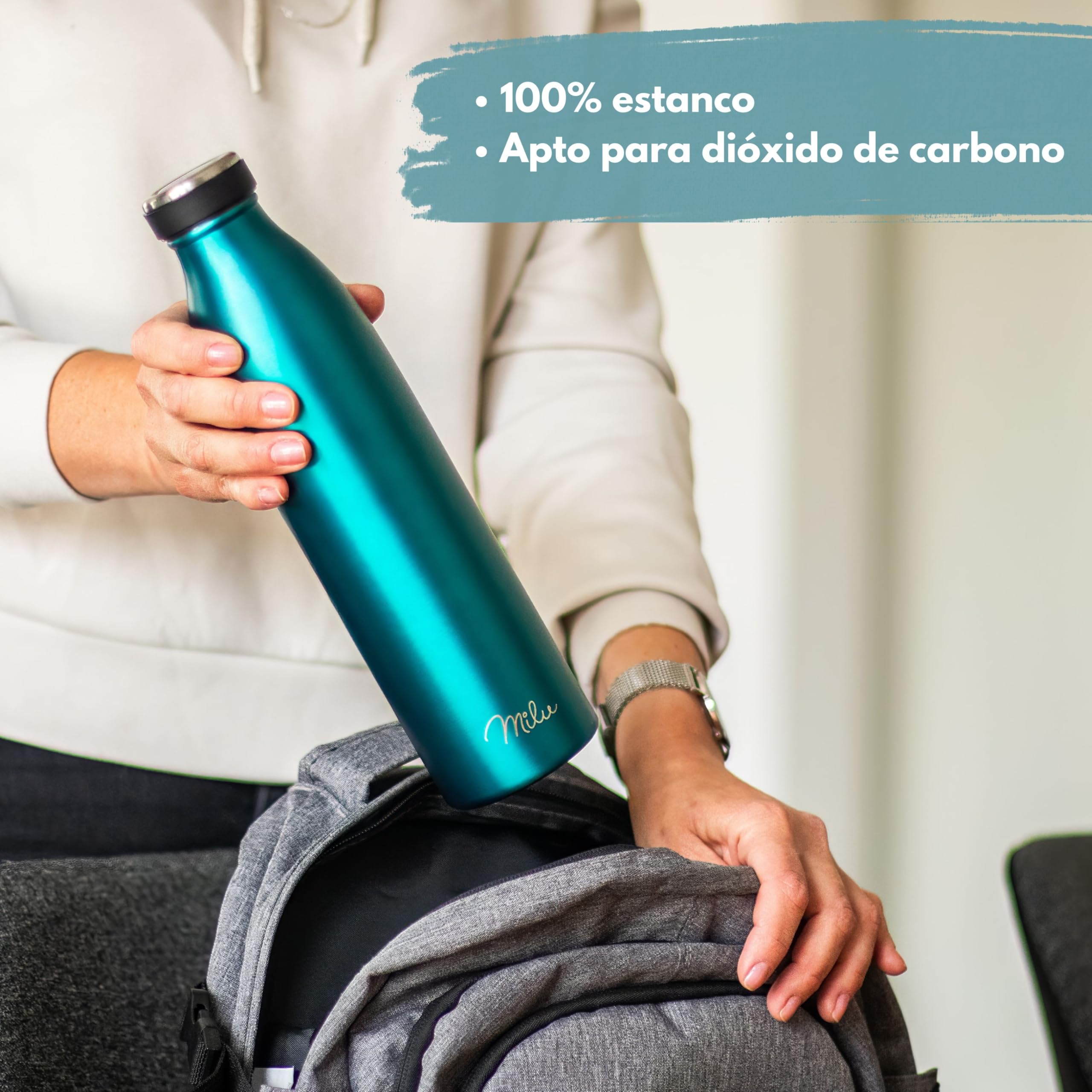 Milu Botella de acero inoxidable de 350ml 500ml 750 ml 1 L 1,5 L botella de agua aislada, termo a prueba de fugas, doble pared, apta para ácido carbónico + cepillo de limpieza (Verde, 1,5 L) - 4