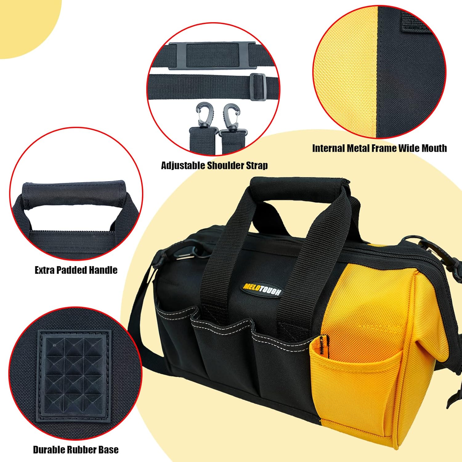 Tool Bag With Shoulder Strap Open Top Wide Mouth Storage Tradesman Tool Organizer Bag (12 inch, Yellow)