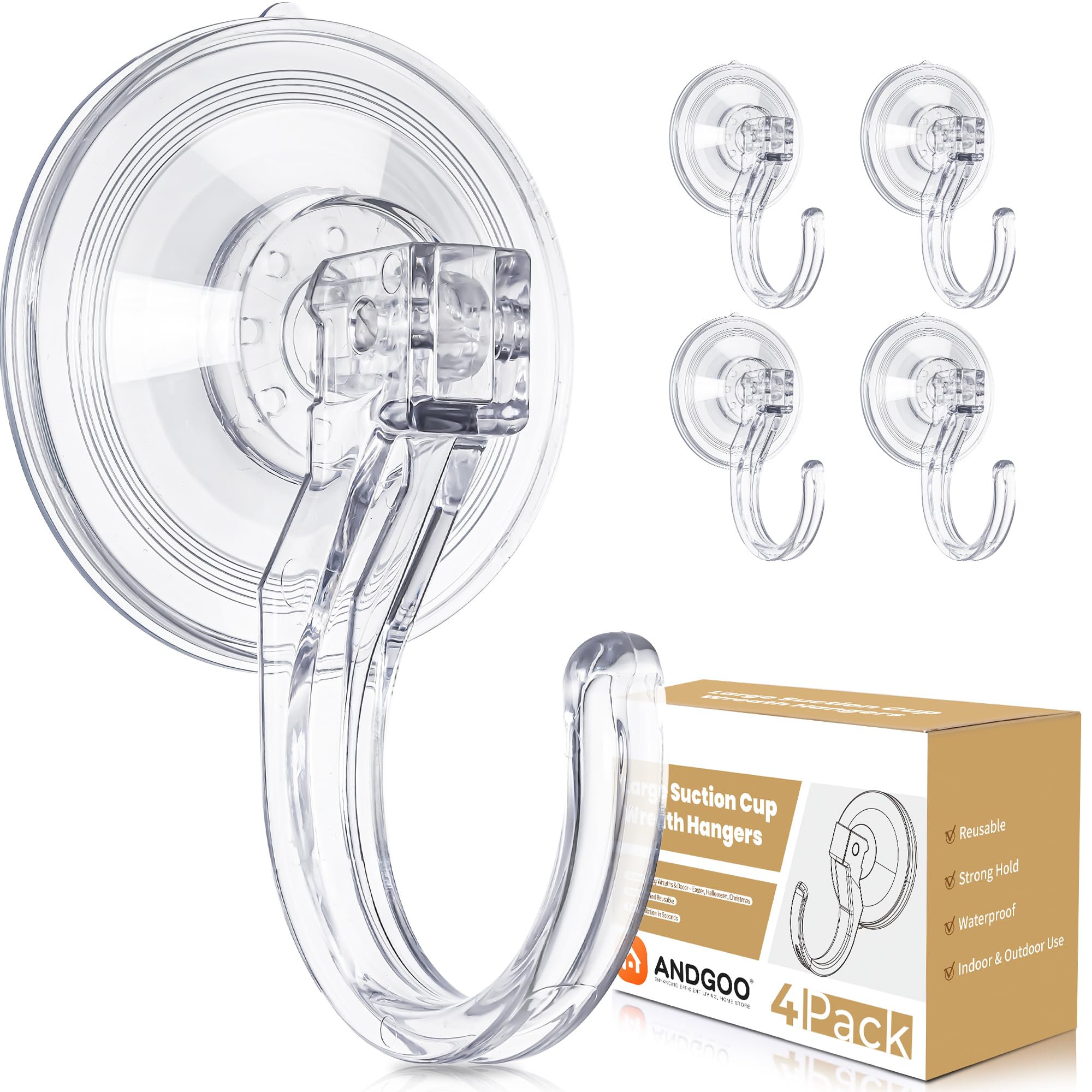 Photo 1 of *** 2 PACK *** ANDGOO 4 Pack Large Suction Cup Hooks for Door Wreaths, Wreath Hangers for Front Door, Glass, Window, Shower, Upgraded 1.9" Diameter Wreath Holder, No Tools, No Damage, Holds Up to 22 lbs