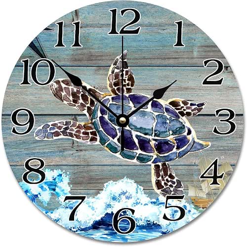 Ocean Theme Sea Turtle Wall Clocks 10x10 in,Round Decorative Wood
