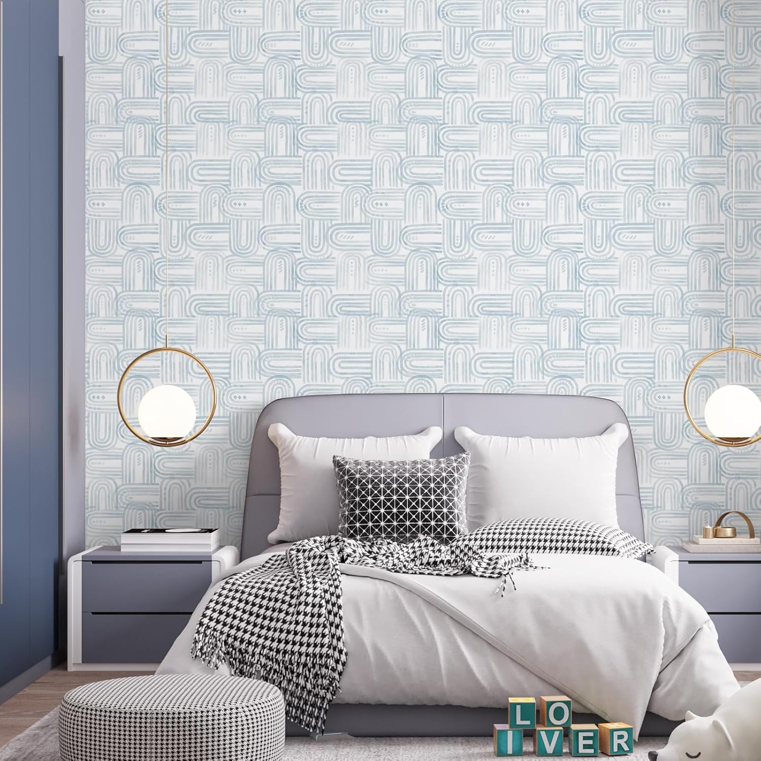 Boho Peel and Stick Wallpaper Modern Light Blue Contact Paper 17.3"x 120" Self-Adhesive Removable Waterproof Geometric Wallpaper Vinyl Roll for Bathroom Bedroom Cabinets Décor