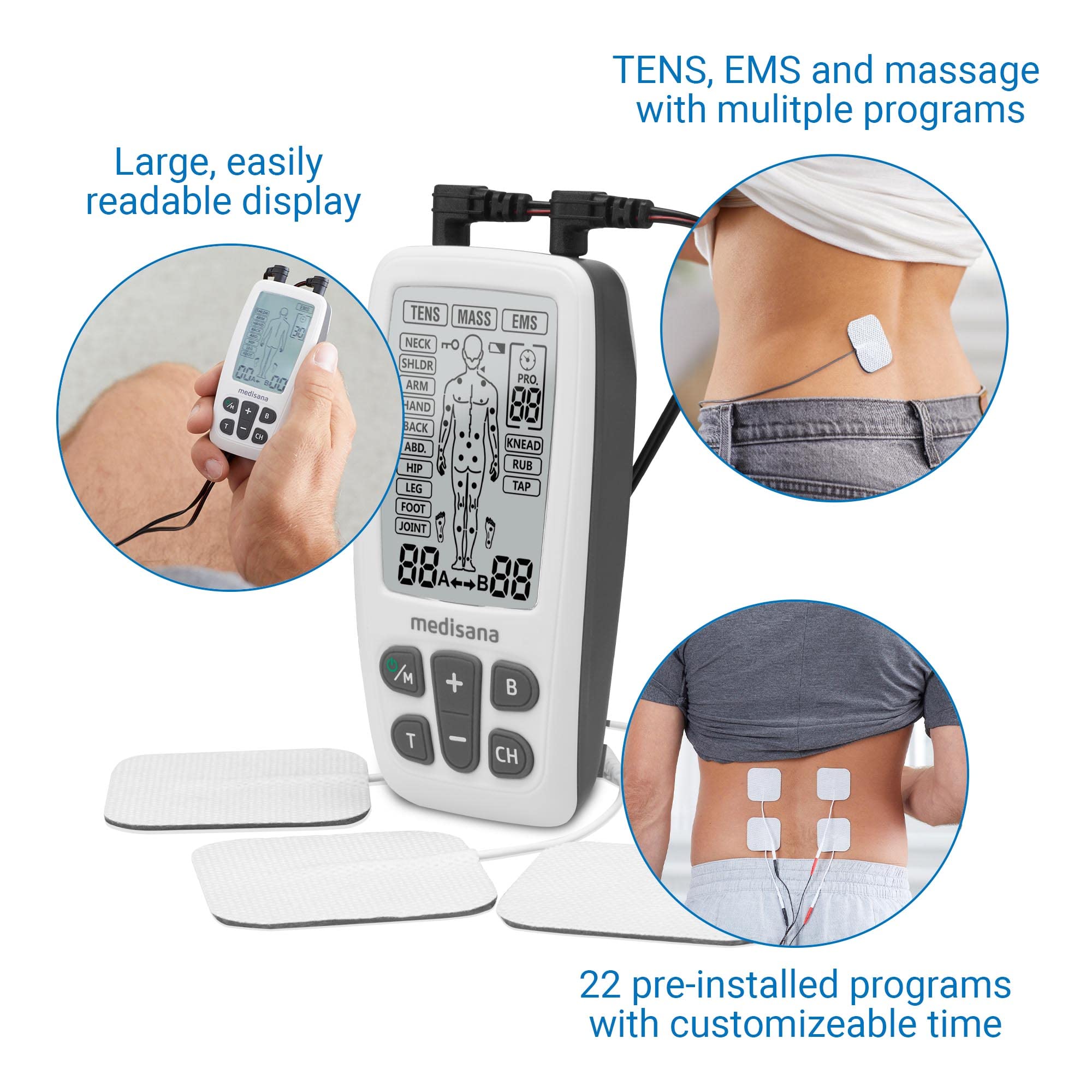 medisana TENS, aparat do stymulacji prądem EMS z 60 programami aparat do elektroterapii rozluźnienie mięśni i łagodzenie bólu na plecach, szyi, ramionach, brzuchu, biodrach z 4 elektrodami