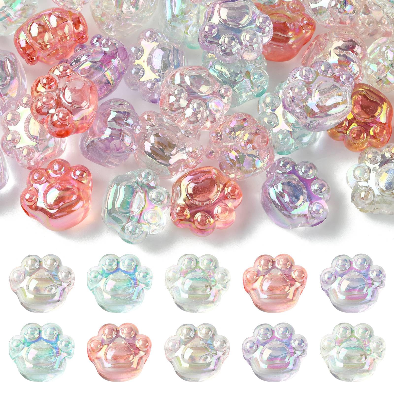 Stiesy 50Pcs 5 Colours AB Colour Cat Paw Print Beads Transparent Acrylic Animal Footprints Beads Kitten Paw Spacer Loose Beads for Jewellery Making Bracelet Craft