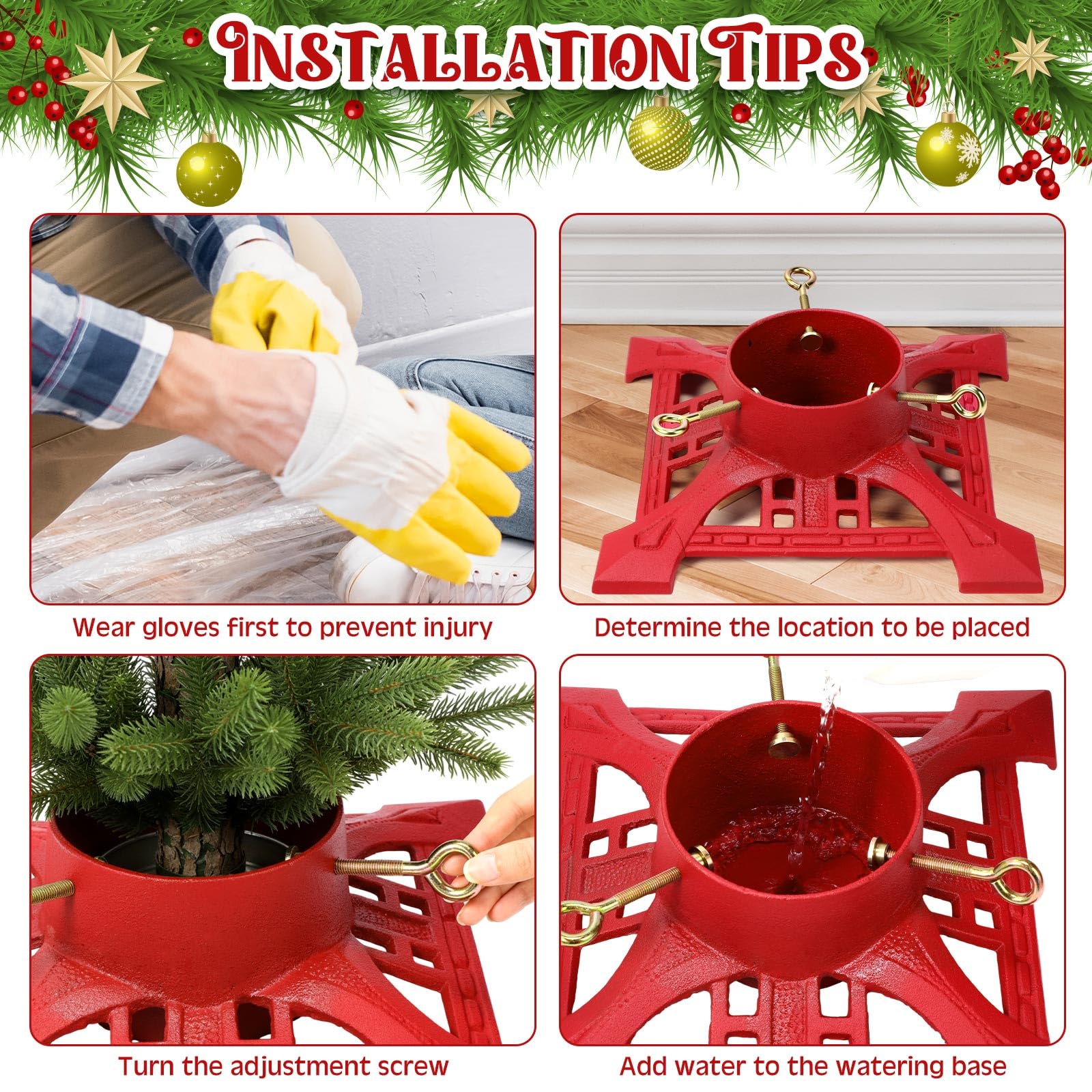 Huwena Support de sapin de Noël avec réservoir d'eau de 2,4 m, support de sapin de Noël artificiel véritable pour sapin de Noël jusqu'à 12,7 cm, base en fonte pour décoration rustique de Noël (rouge