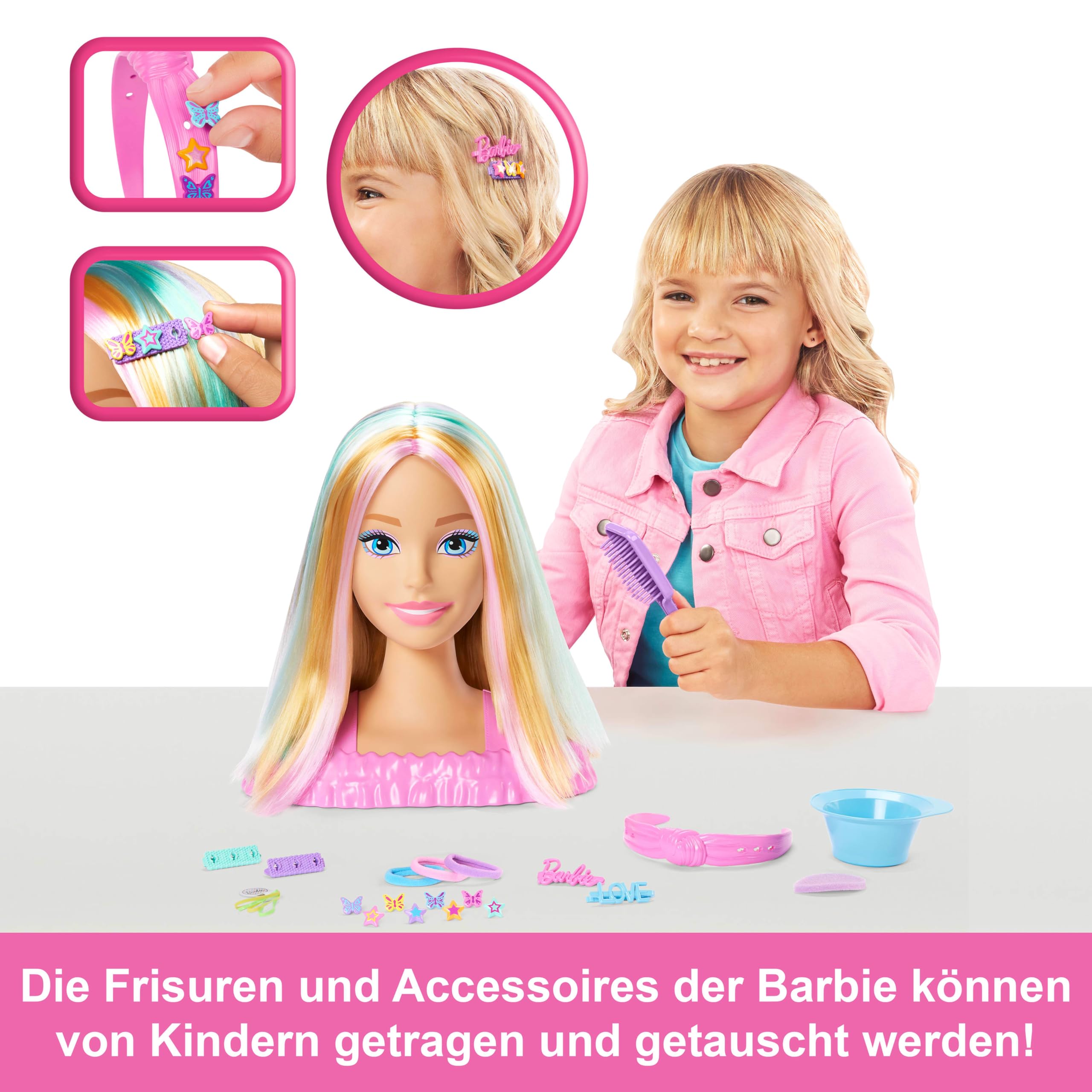 Barbie-Puppe Styling-Kopf, Blondes Haar mit mehr als 20 Styling-Zubehörteilen inklusive Stern, Schmetterling und Haarclips mit Farbwechsel, JFG81