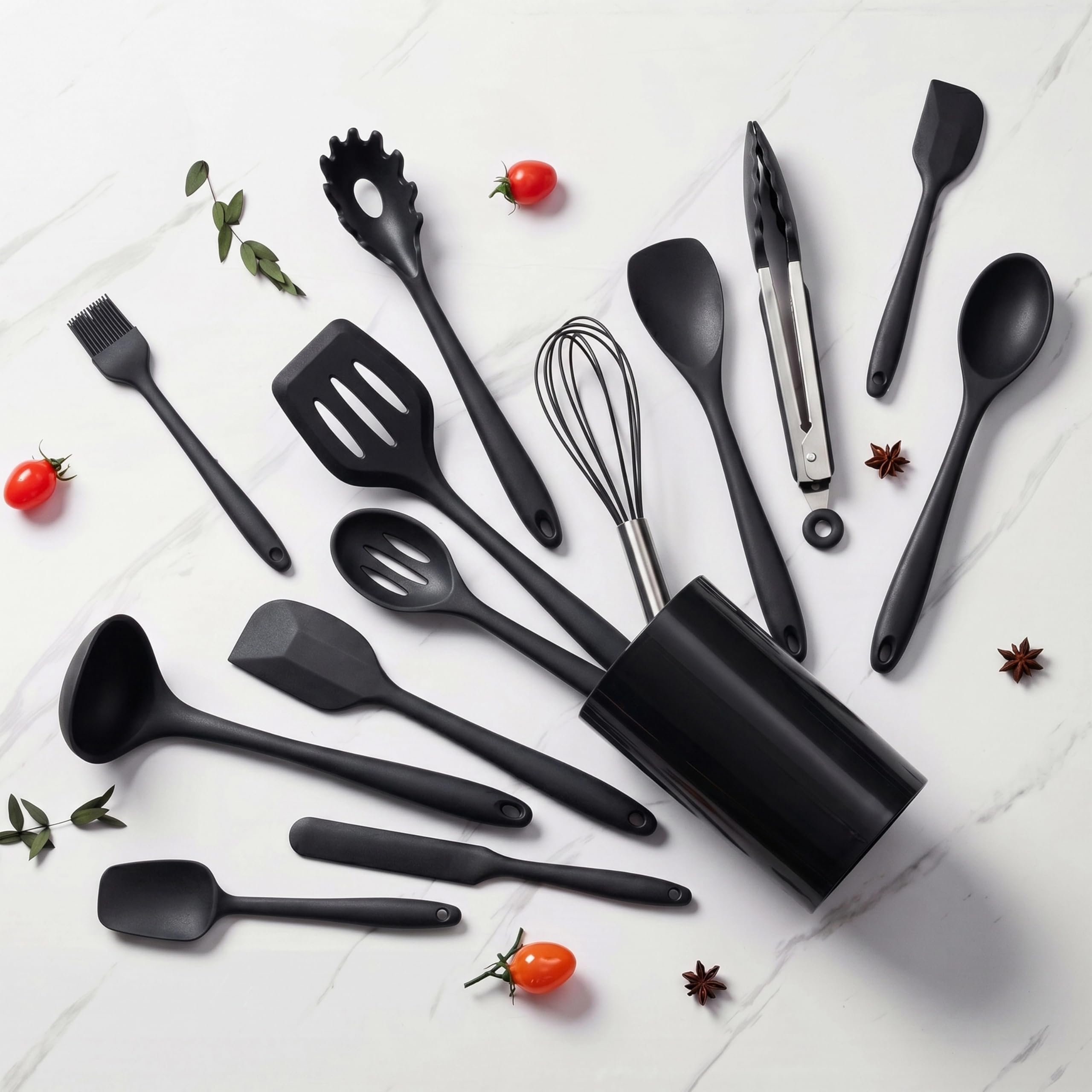 LIANYU Juego de 14 utensilios de cocina con soporte, utensilios de cocina de silicona resistentes al calor, incluye espátula, cuchara, batidor, pinzas, aptos para lavavajillas, color negro