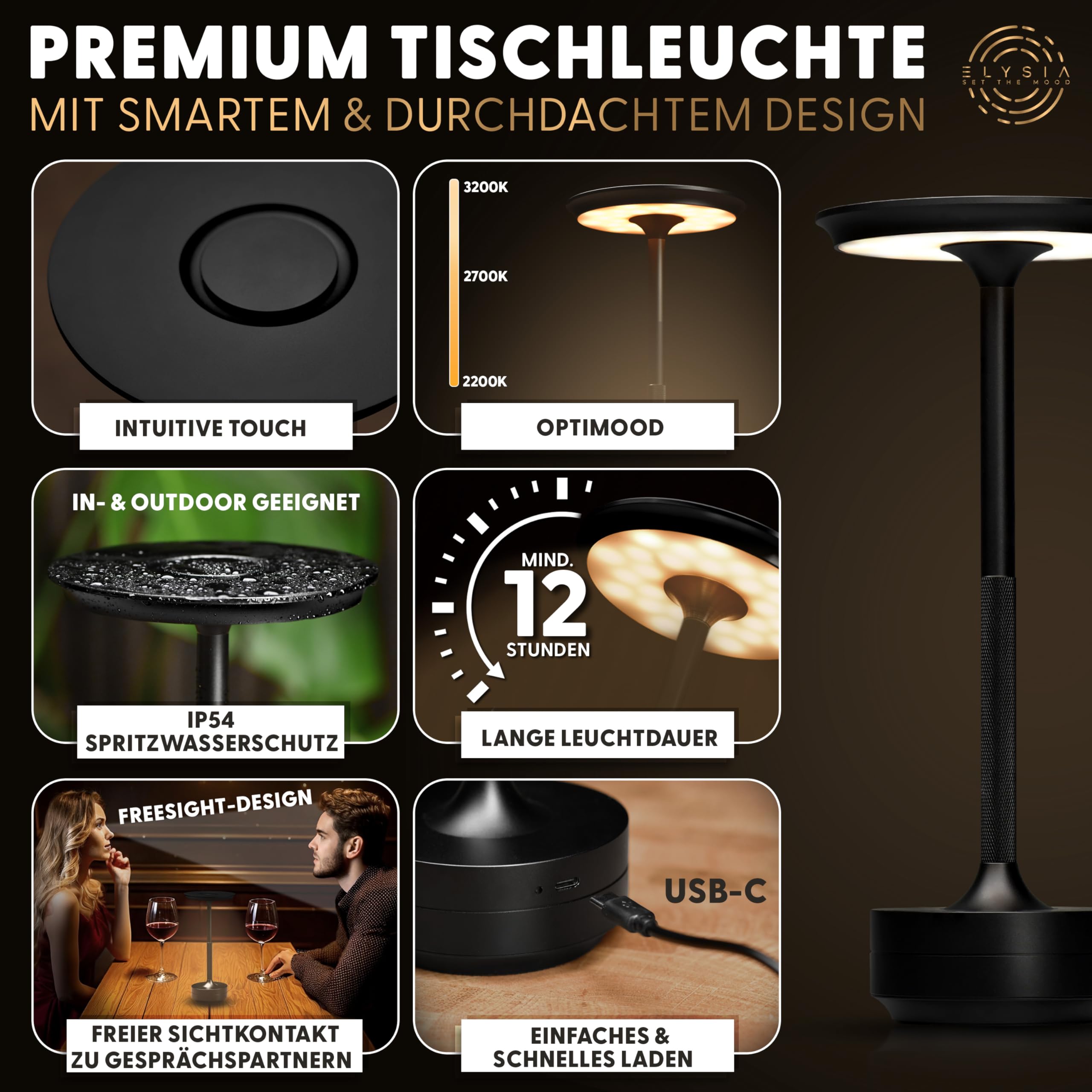 ELYSIA LED Akku-Tischleuchte Dimmbare Tischlampe Kabellos mit Touch für Innen & Outdoor [IP54], (extra-) Warmweiß [2200K-2700K-3200K], USB-C, Wieder-Aufladbare Nachttischlampe, Aluminium, Schwarz