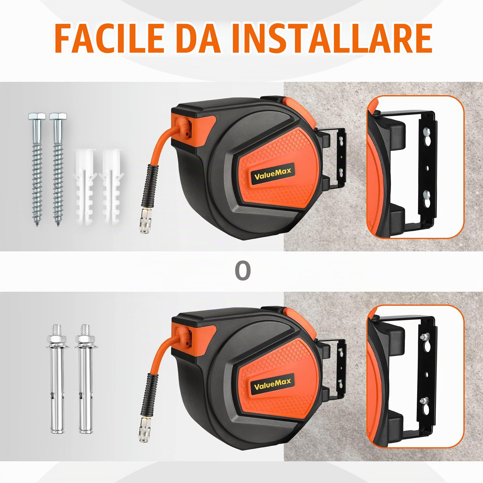ValueMax Avvolgitubo Aria Compressa 15m+1,5m, Avvolgitubo Pneumatico con Attacco Rapido BSP da 1/4", Dispositivo di Arresto Automatico e Riavvolgitore Automatico