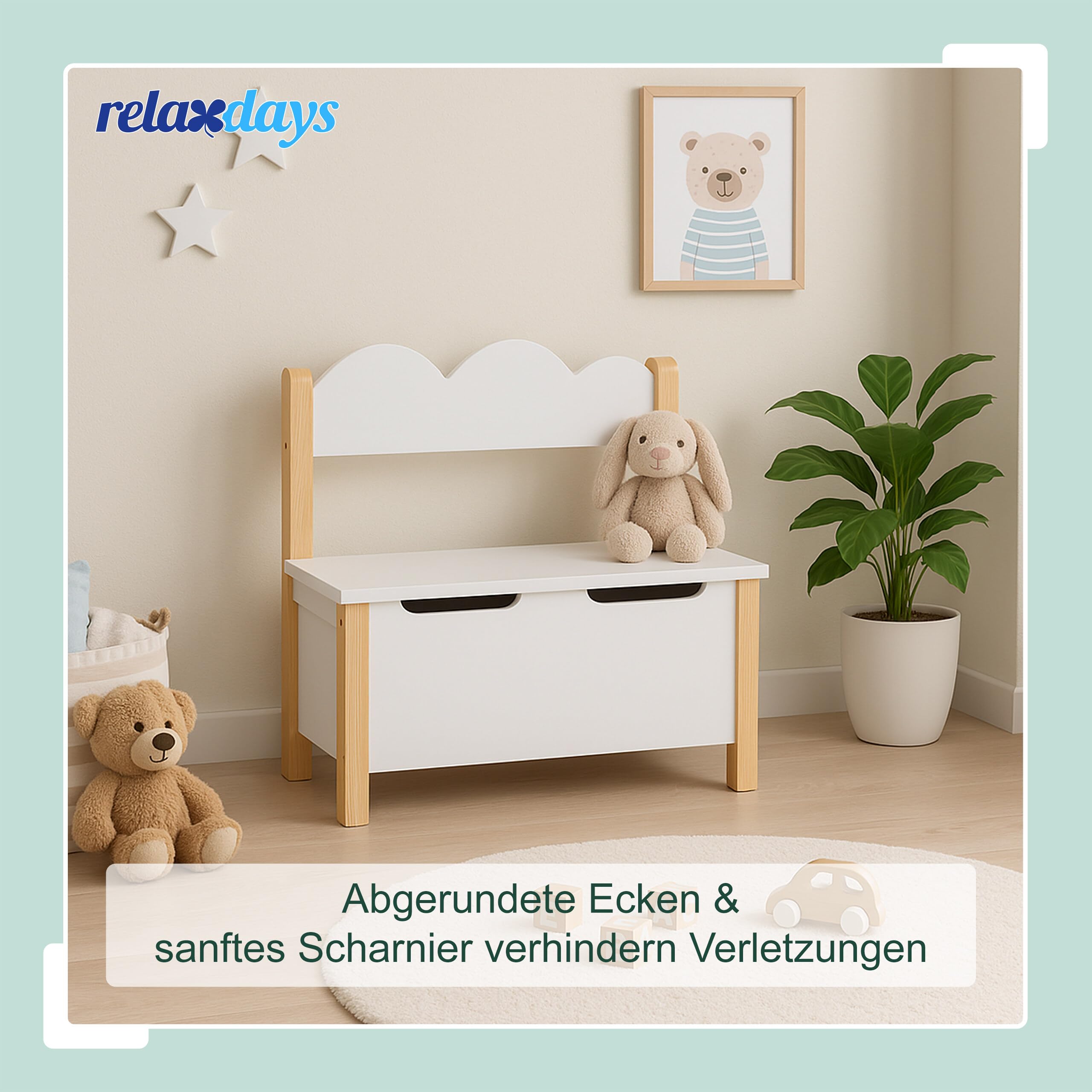 Relaxdays Kinderbank mit Stauraum, Deckel, Rückenlehne, HBT: 60 x 60 x 25 cm, Kinder Sitzbank, Kinderzimmer, weiß/Natur