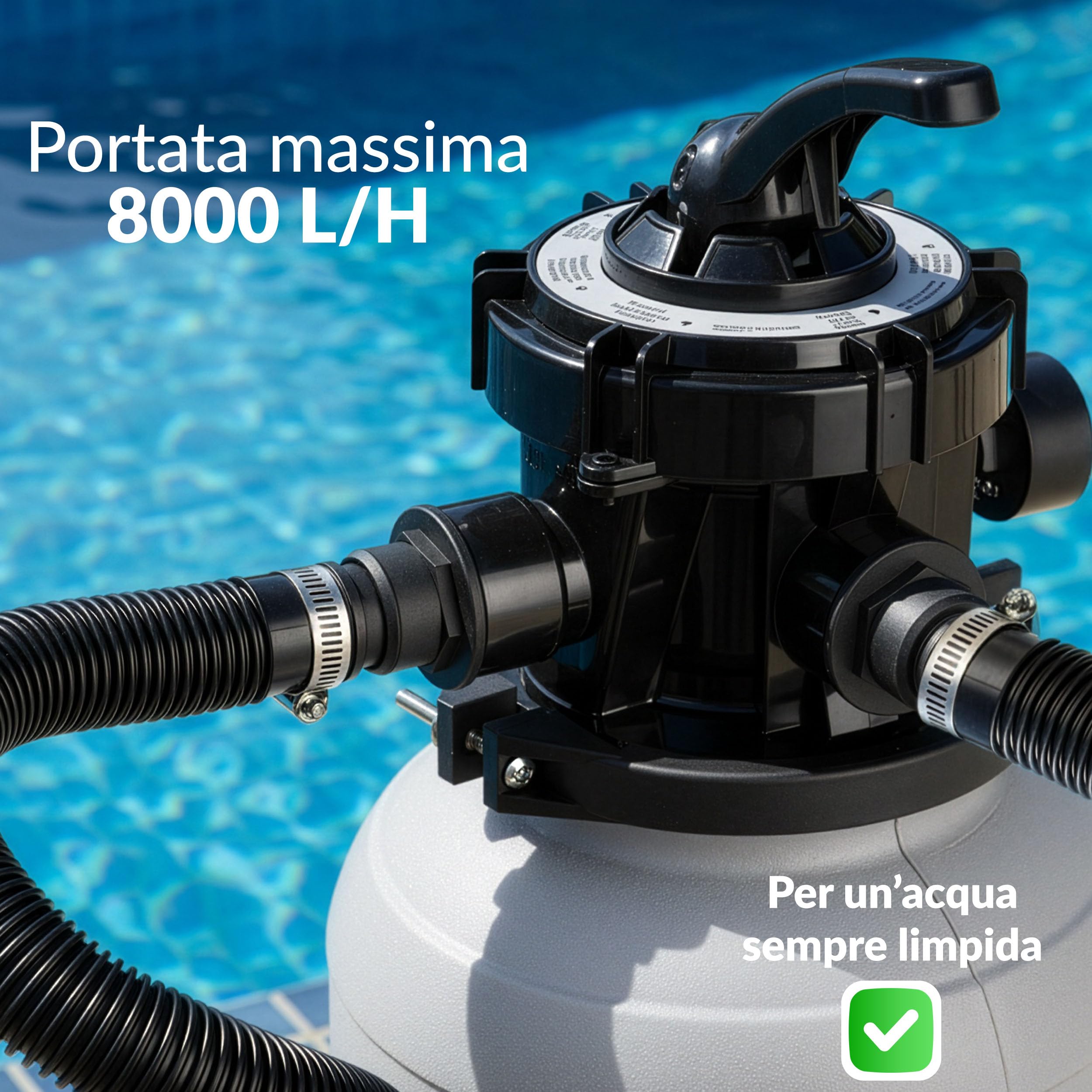 Lehmann Pompa Filtro a Sabbia per Piscina FP1, 8000 L/h, 7 Funzioni Filtrazione, Manometro, Motore con Avvolgimento in Rame, Sistema di Filtraggio Piscine Fino a 25 m³/25.000 L, Grigio