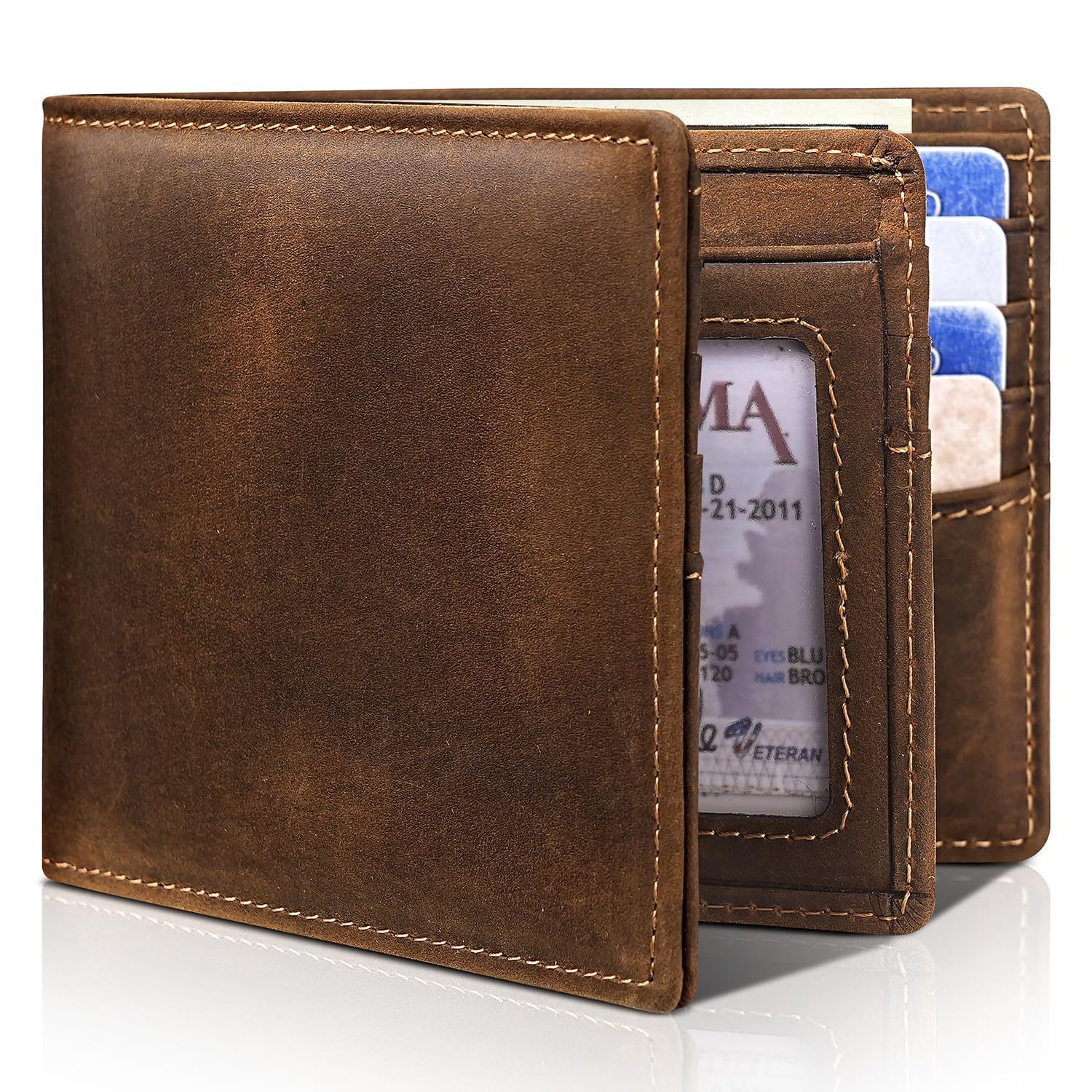 Mens Wallet Bifold Genuine Leather RFID Blocking Wallet for Men with 1 ID Window 15 Card Holders 2 cash pockets 1 Gift Box