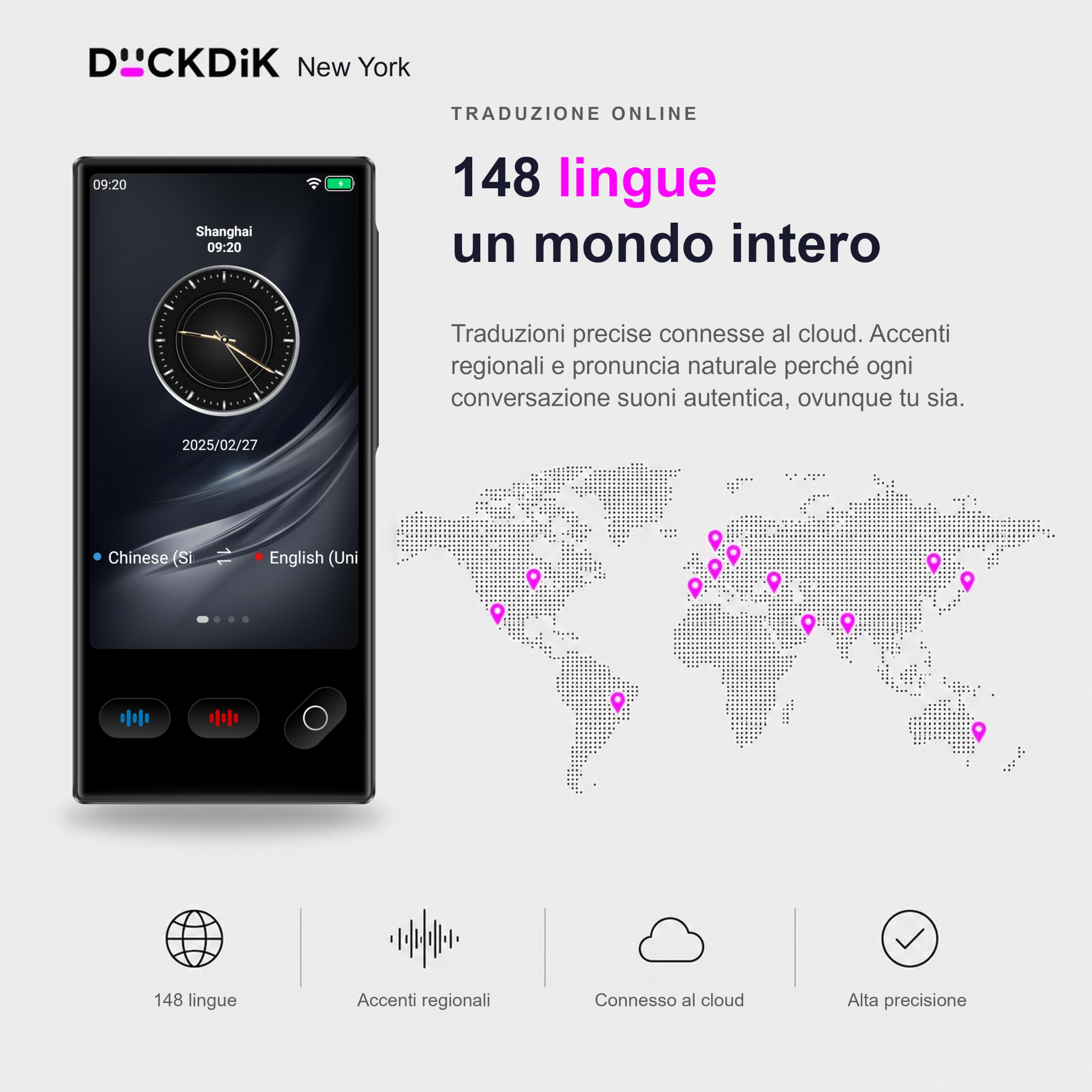 New York 2026, Traduttore di Lingue Istantaneo + App Traduzione Offline Inclusa a Vita (Valore 120€/Anno) — 149 Lingue Online, 19 Offline + 59 nell'App, Schermo Touch 4", IA