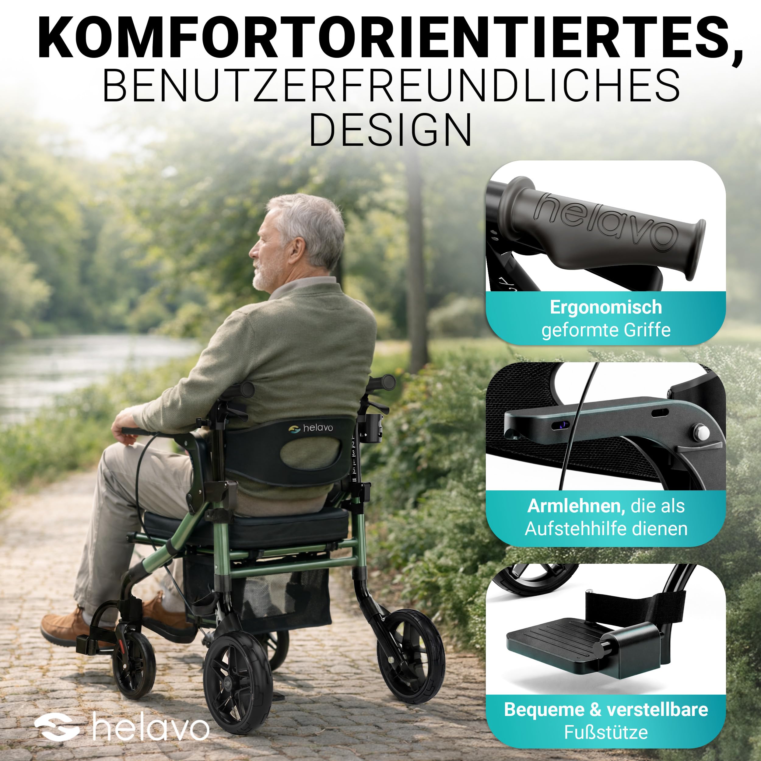 Helavo 2-in-1 Rollator und Rollstuhl mit All-Terrain-Rädern - Leichter Rollator mit Rollstuhlfunktion, Faltbar, Höhenverstellbar, Bis 136 kg Belastbar | Aluminium 2-in-1-Rollator mit Fußstützen - 10" Vollgummireifen für jeden Untergrund - 136 kg Traglast