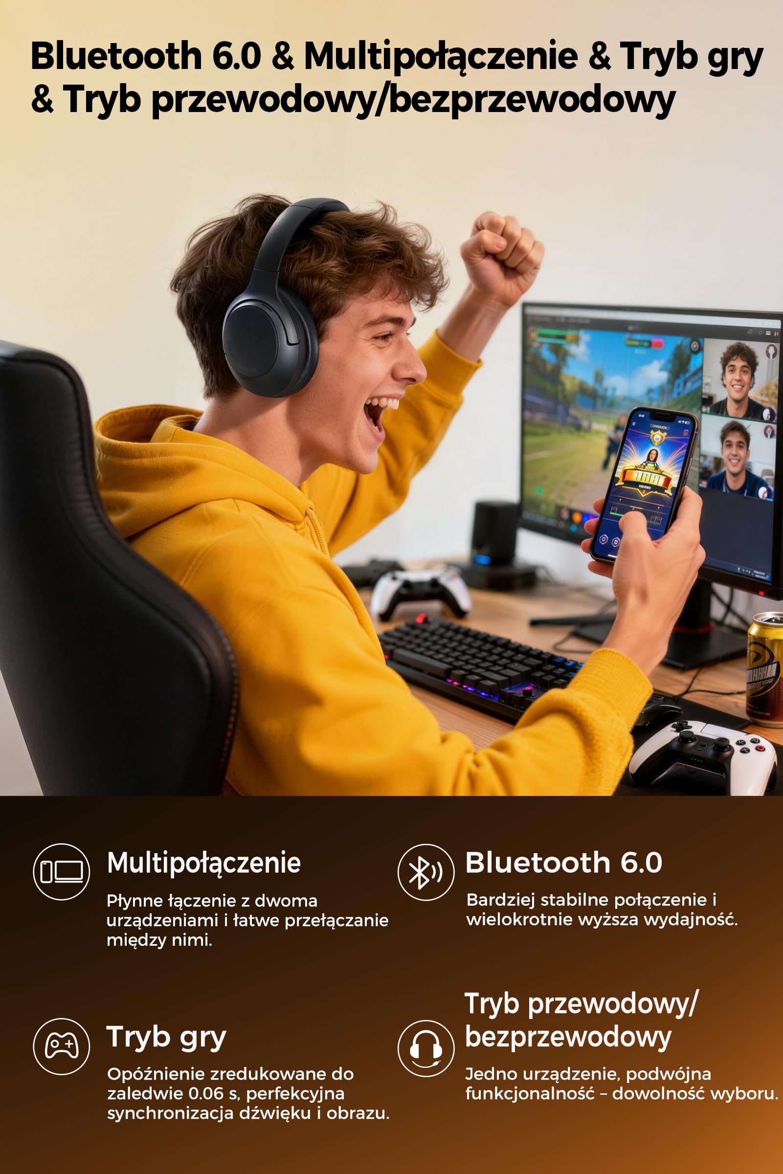 SOUNDPEATS Cove Pro Hybrid Słuchawki Nauszne z Aktywnym Tłumieniem Hałasu 7 Mikrofonów, Bezprzewodowe Słuchawki Bluetooth 6.0, Podwójny Certyfikat Hi-Res z LDAC, 95H Odtwarzania, Nastawny EQ