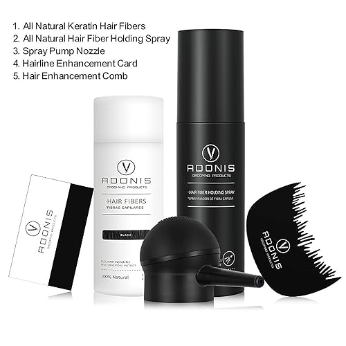 Miniatura 8 de Juego completo ADONIS 5 en 1 Kit de fibra capilar  Fibras de cabello de queratina natural (negro), spray de fibra capilar, spray de línea de