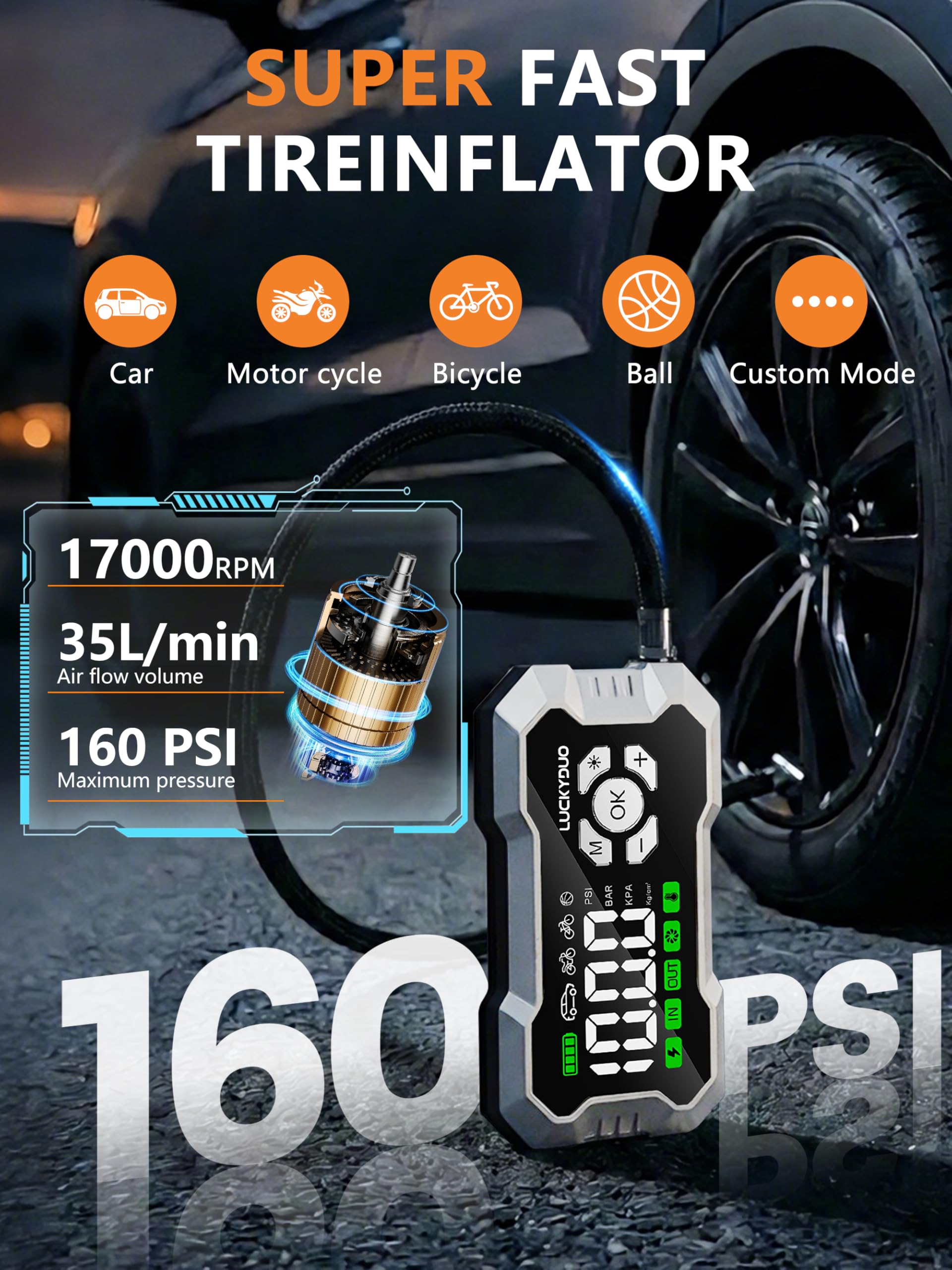 LUCKYDUO Arrancador 8000A con Compresor 160PSI, 20000mAh | Arrancador 2-en-1 con compresor 160PSI, 8000A, 4 modos, pantalla LED, 20000mAh, linterna LED 4 modos, kit completo