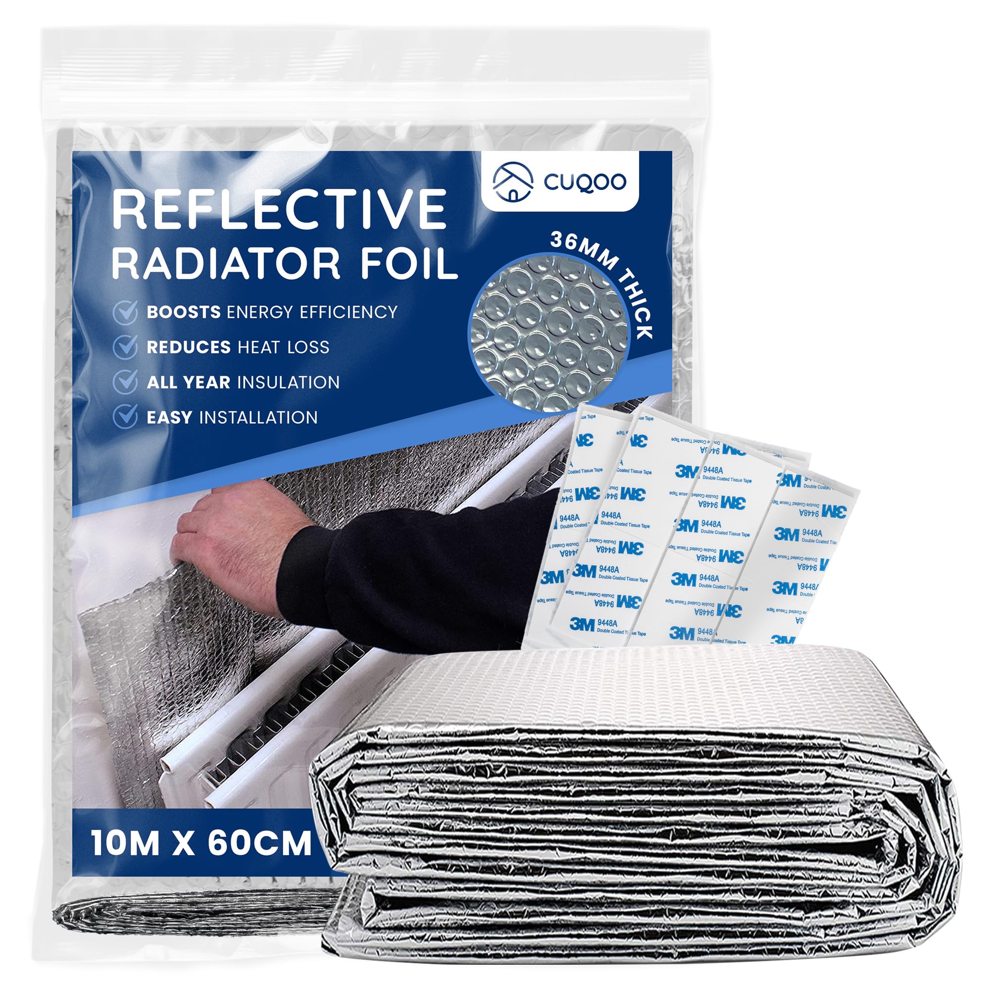 CUQOO Radiator Foil Reflector Roll 10  m × 60 cm – Thermal Reflective Radiator Insulation Foil & Heat Deflector Panel, Radiator Backing Foil, Energy‑Saving Self‑Adhesive Radiator Reflector