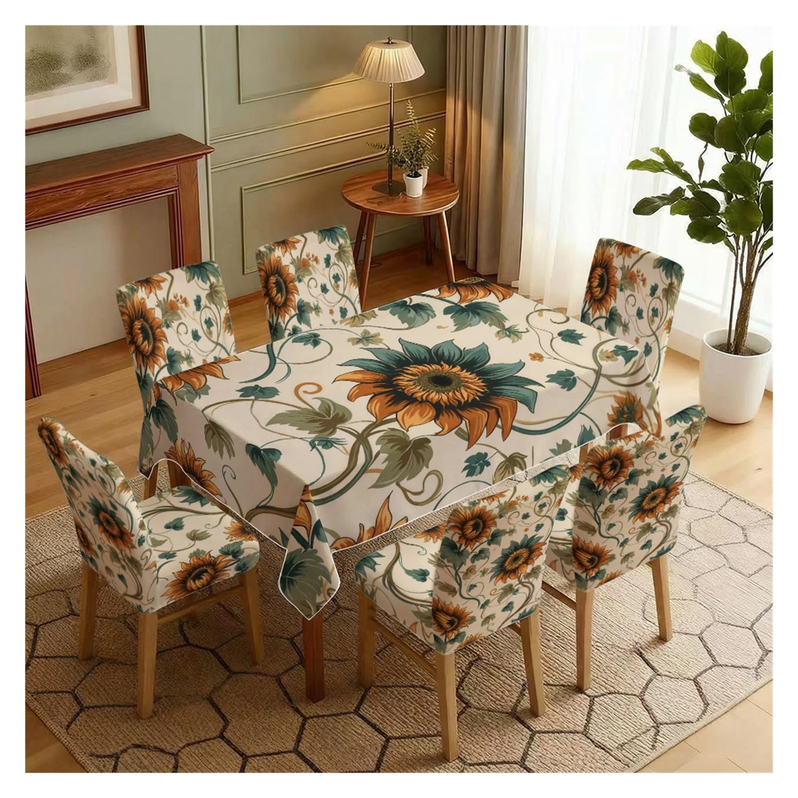 BOSUYBN Vintage Sunflower Floral Print Dining Tablecloth & Chair Cover Set, 5/7 Piece Slipcovers For Dining Kitchen Table Setting(7pcs Set: Tablecloth+Chair Covers)