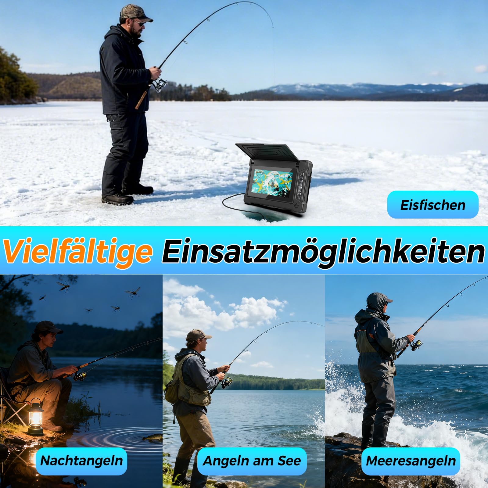 Fischfinder Unterwasserkamera Angeln mit IR Nachtsicht, 165° Weitwinkel, IP68 Wasserdict Fish Finder für Meeresangeln Fluss Angeln Eisfischen, 10h Arbeitstime,15m Linie