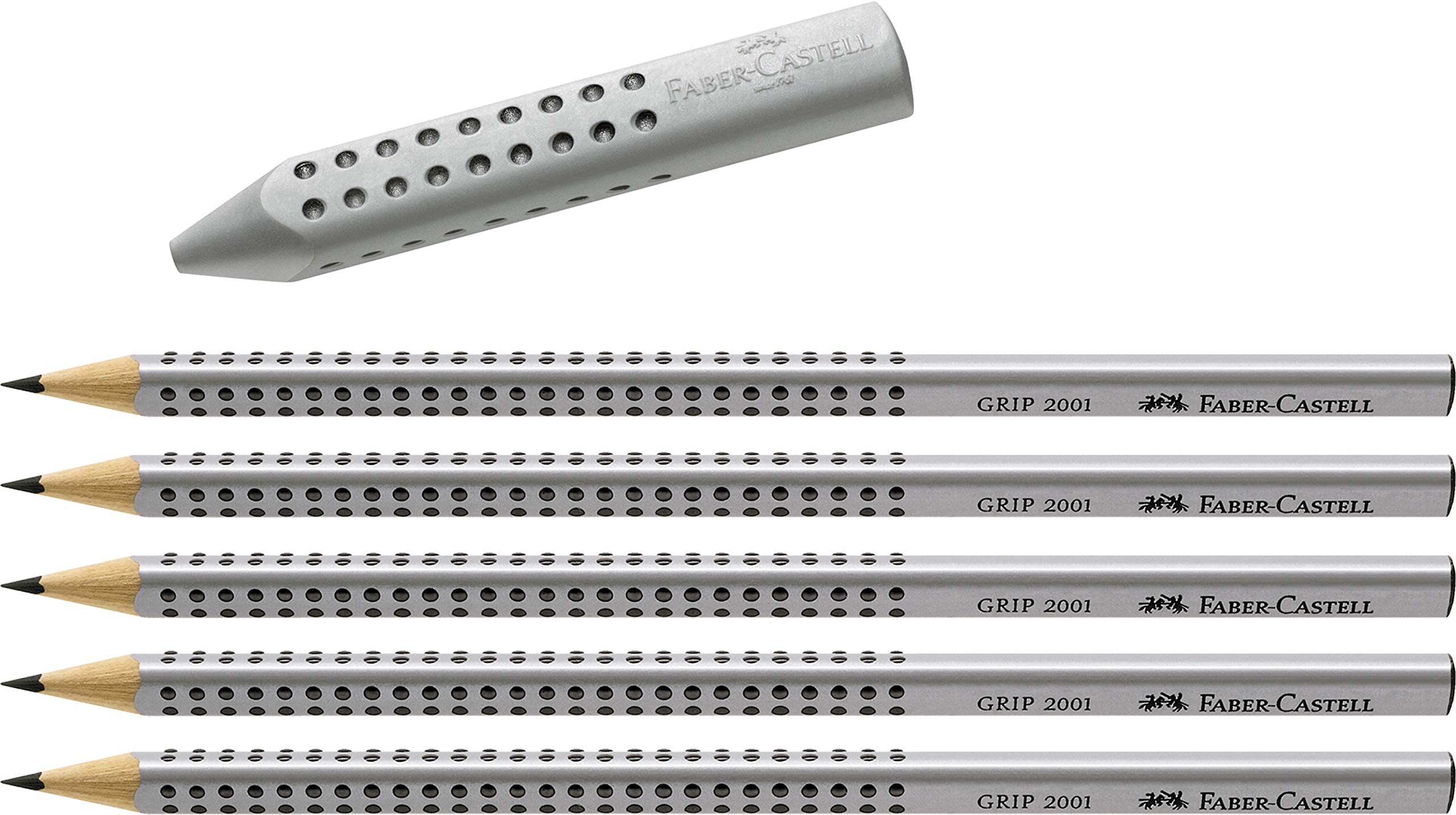 Faber-Castell Goma triangular Grip 2001, keine Farbwahl, Radierer + 5 Bleistifte HB