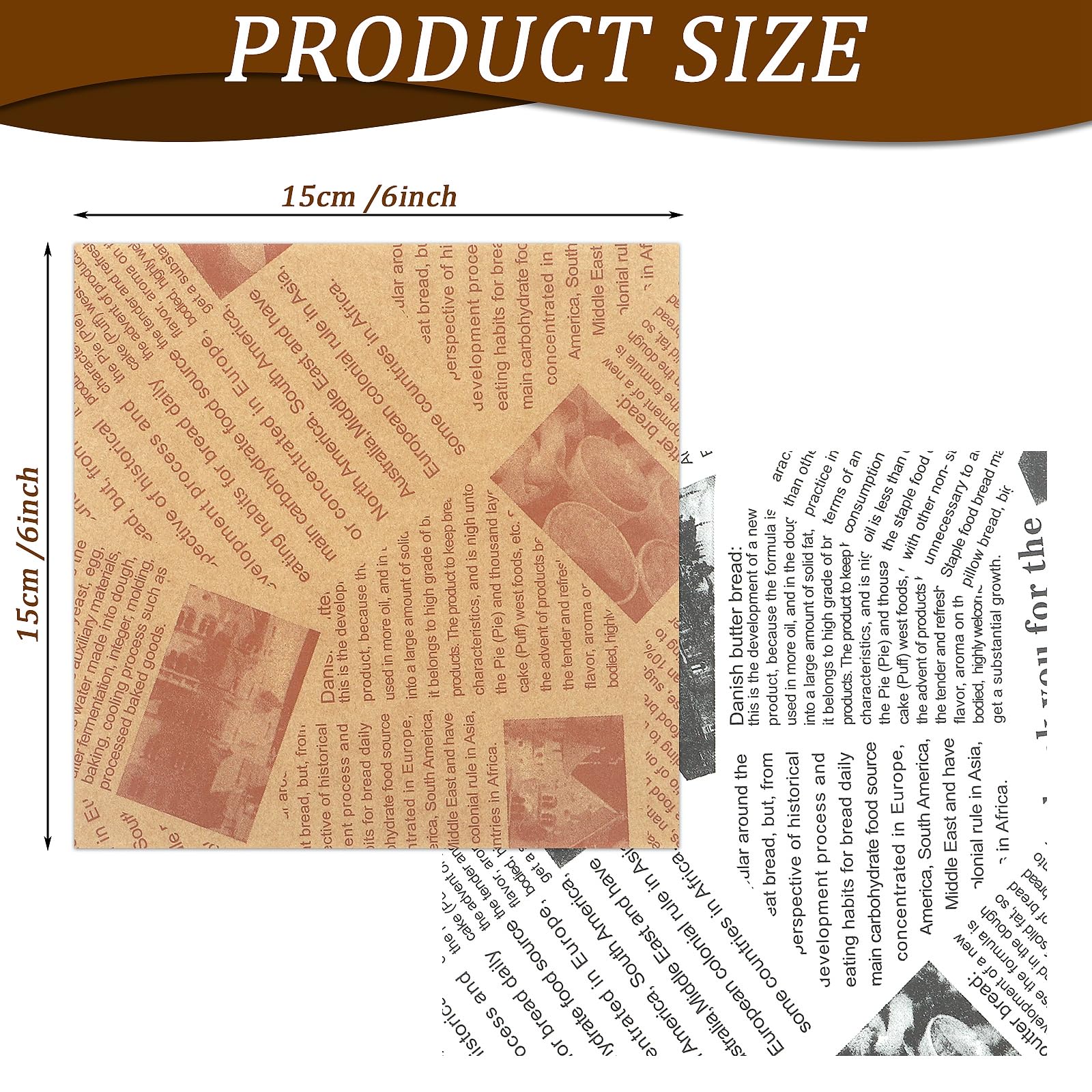 200 Feuilles Papier Emballage 15x15 Cm – Style Journal Rétro, Blanc & Brun, Pour Burger Frites Sandwich Charcuterie
