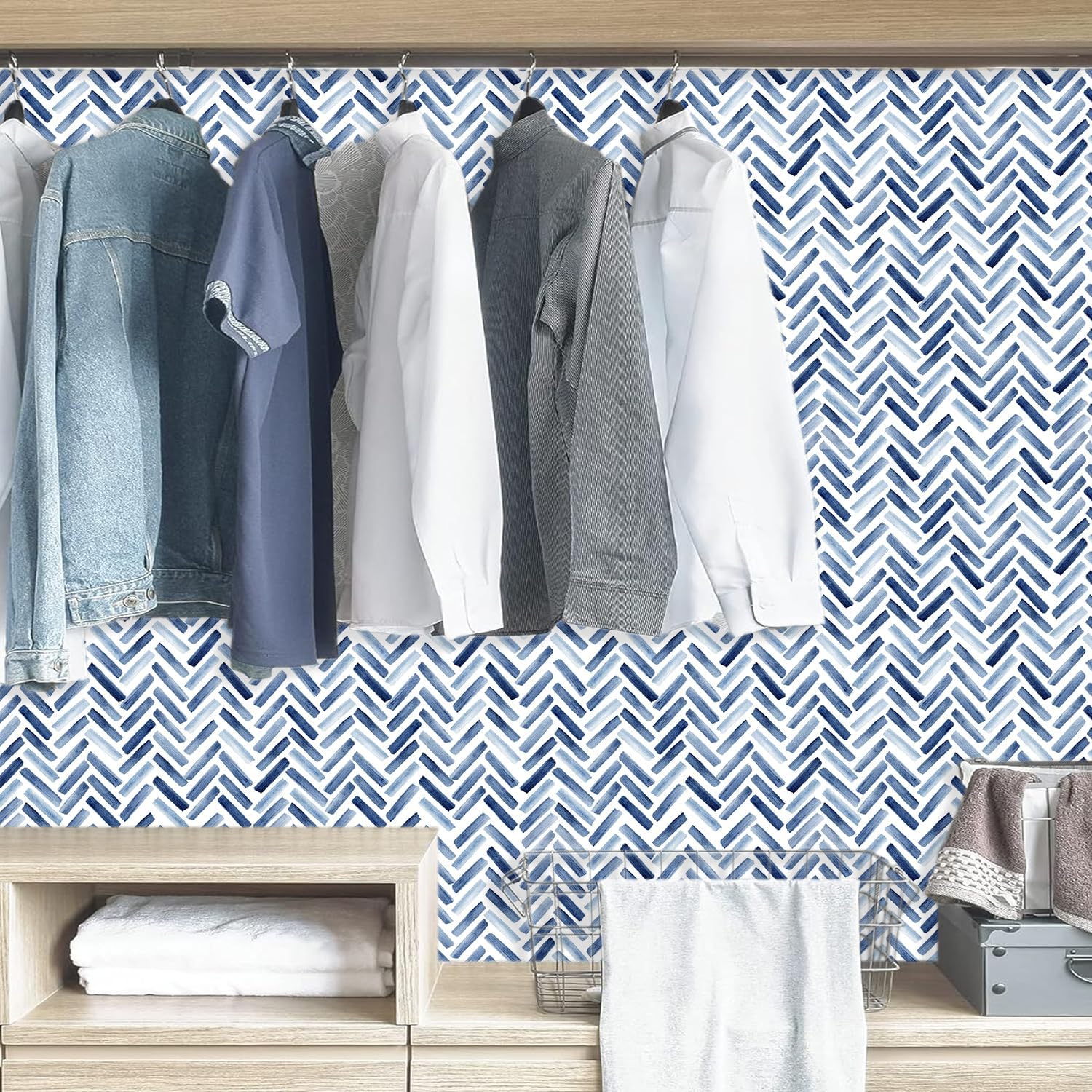 Peel and Stick Wallpaper Blue and White Line Wallpaper Watercolor Self Adhesive Removable Wall Paper Morden Stripe Contact Paper Vinyl Film Stickers for Cabinets Bedroom Bathroom Drawer,15.7" x 47.2"