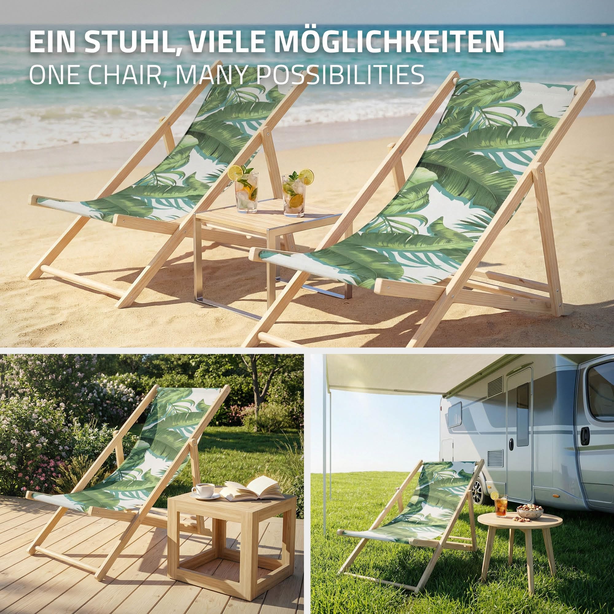 ECD Germany 2er Set Liegestuhl klappbar Tropical Grün-Weiß, aus Holz, Sonnenliege mit verstellbarer Rückenlehne, Strandliege bis 120 kg, Gartenliege, Strandstuhl, Relaxliege für Garten Balkon Terrasse