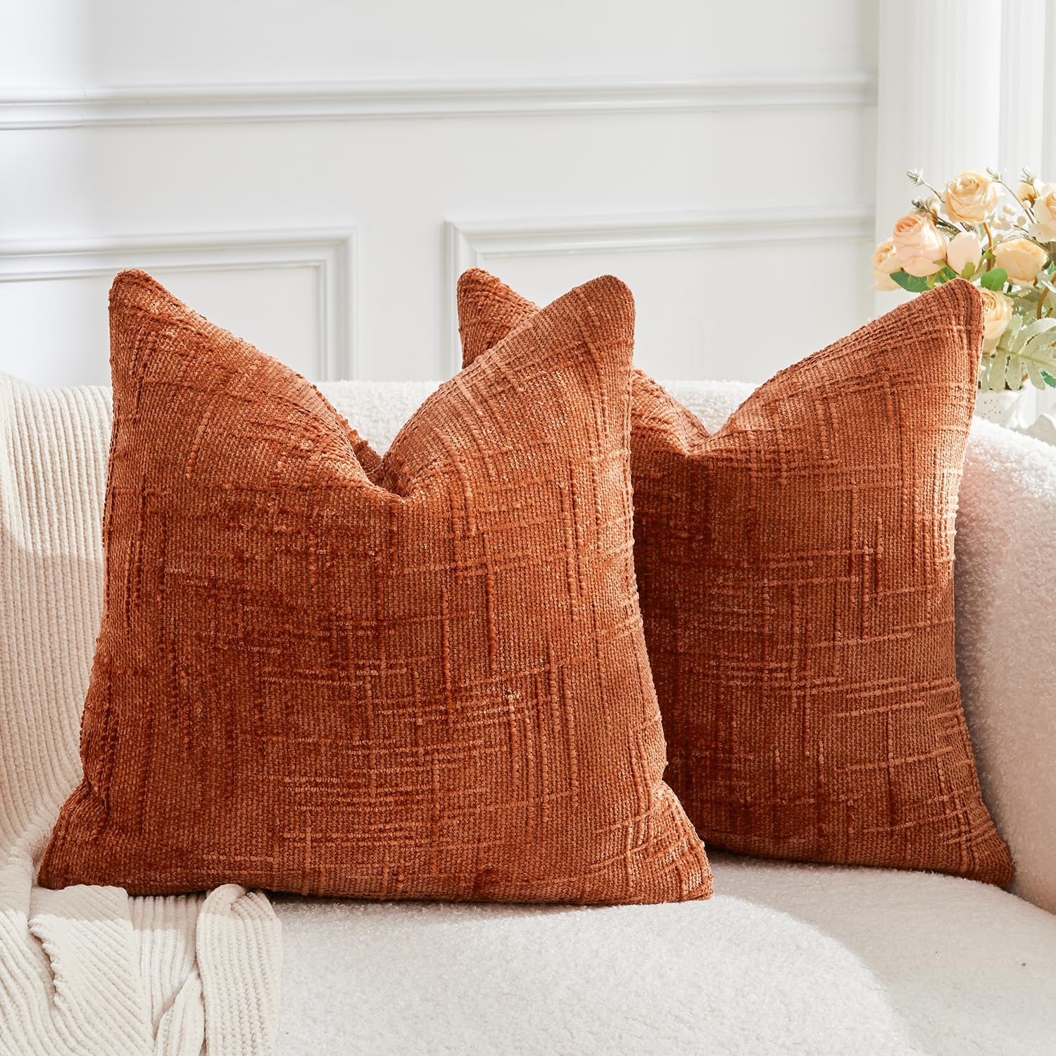 Throw Pillow Covers Burnt Orange Set of 2 18x18 Inch Pillow Covers, Soft Chenille Fall Decorative Cases for Couch Sofa Bed Living Room, Home Neutral Decor, Modern Farmhouse Cushion Covers 18" x 18" (Pack of 2) Burnt Orange